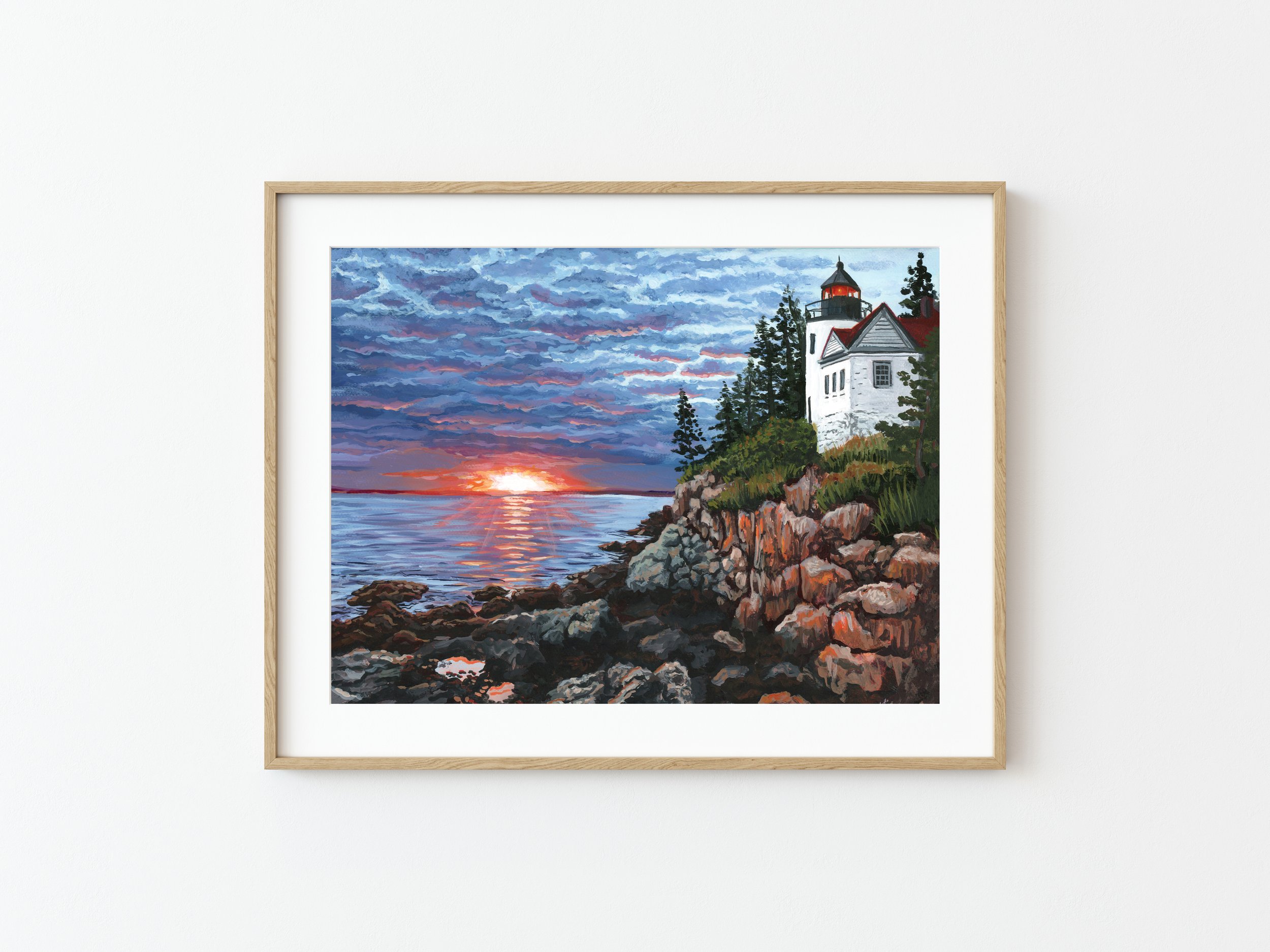 Painting of Sunset over Bass Harbor Head Lighthouse in Acadia National Park fine art prints by Kristin Holzer - framed example print