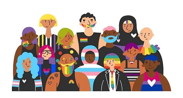 Group of diverse animated characters with various hair colors and styles, some wearing rainbow accessories, celebrating LGBTQ+ pride.