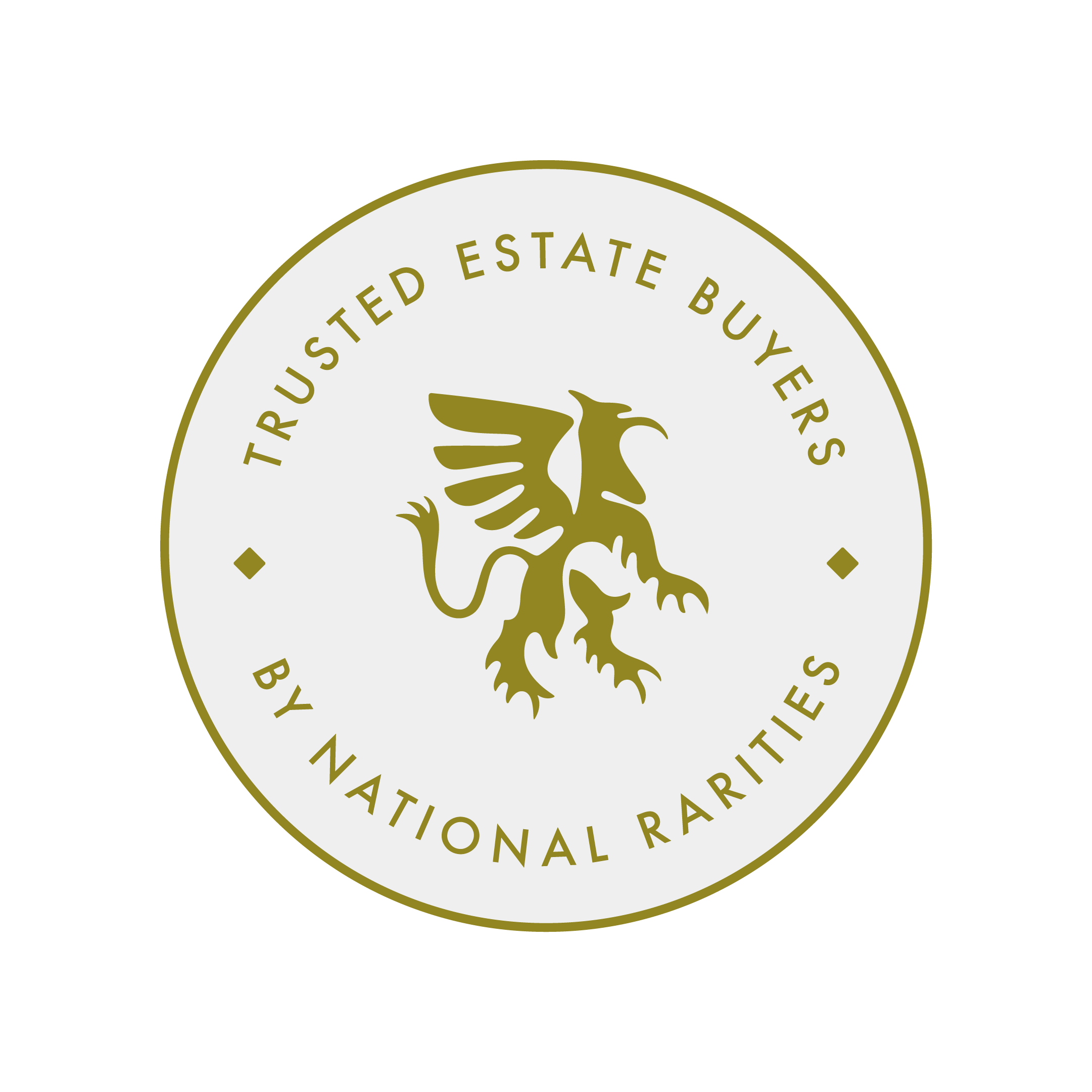 Official seal with a lion and eagle symbol and text that reads 'Trusted Estate Buyers by National Rarities'.