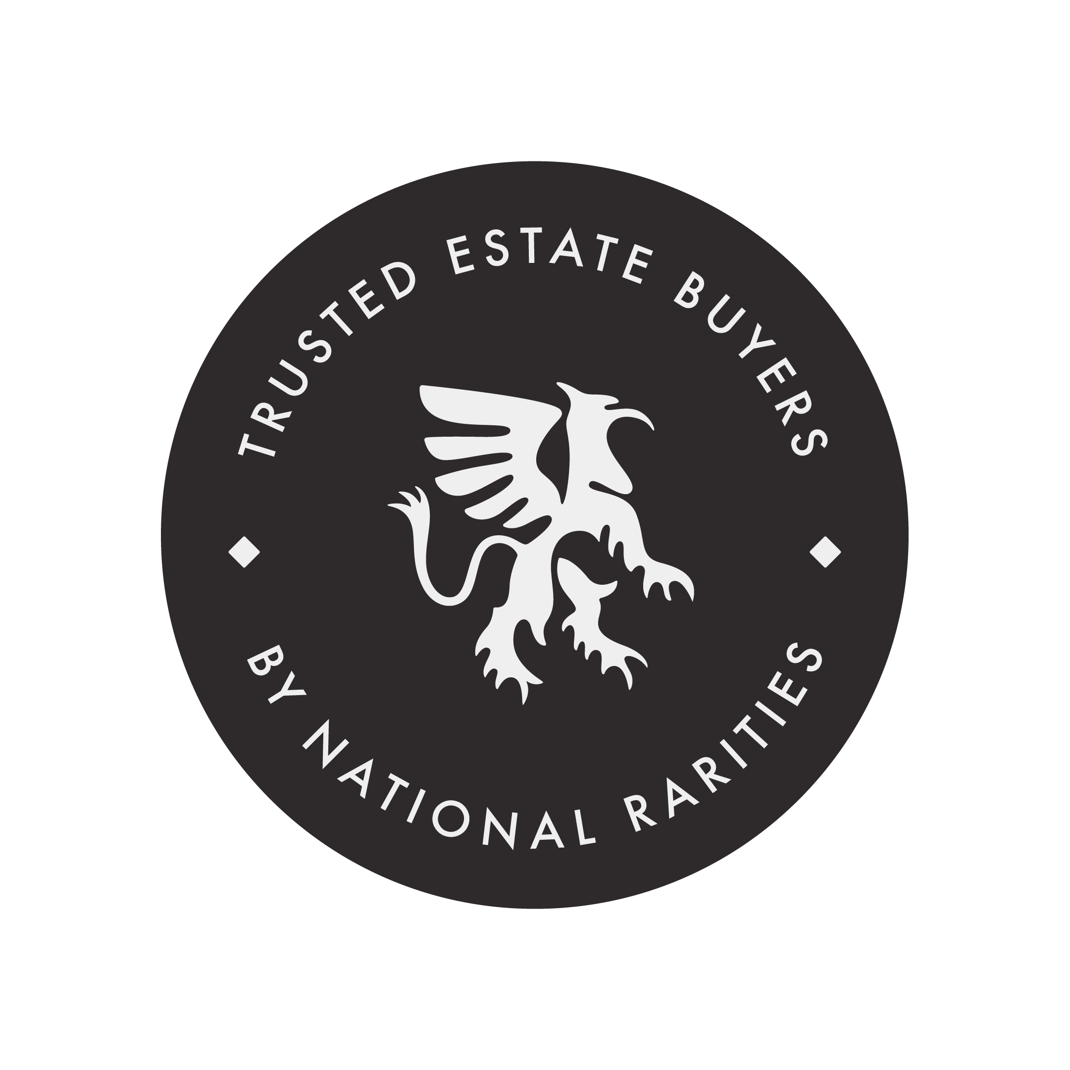 Black circular badge with a white heraldic griffin at the center, surrounded by the text "Trusted estate buyers" at the top and "by National Rarities" at the bottom.