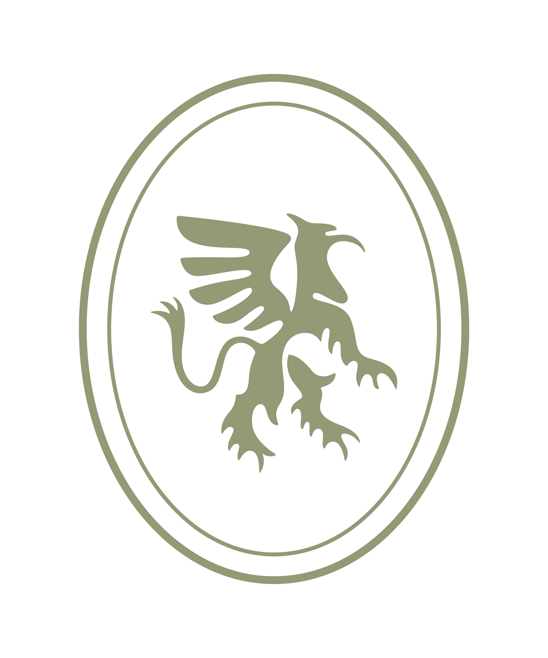 A stylized emblem featuring a dragon in a circular border on a black background.