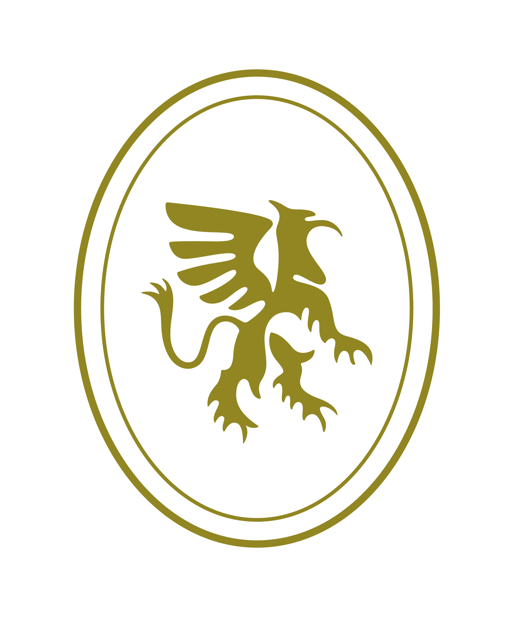 A black background with a gold crest featuring a stylized winged lion within an oval frame.