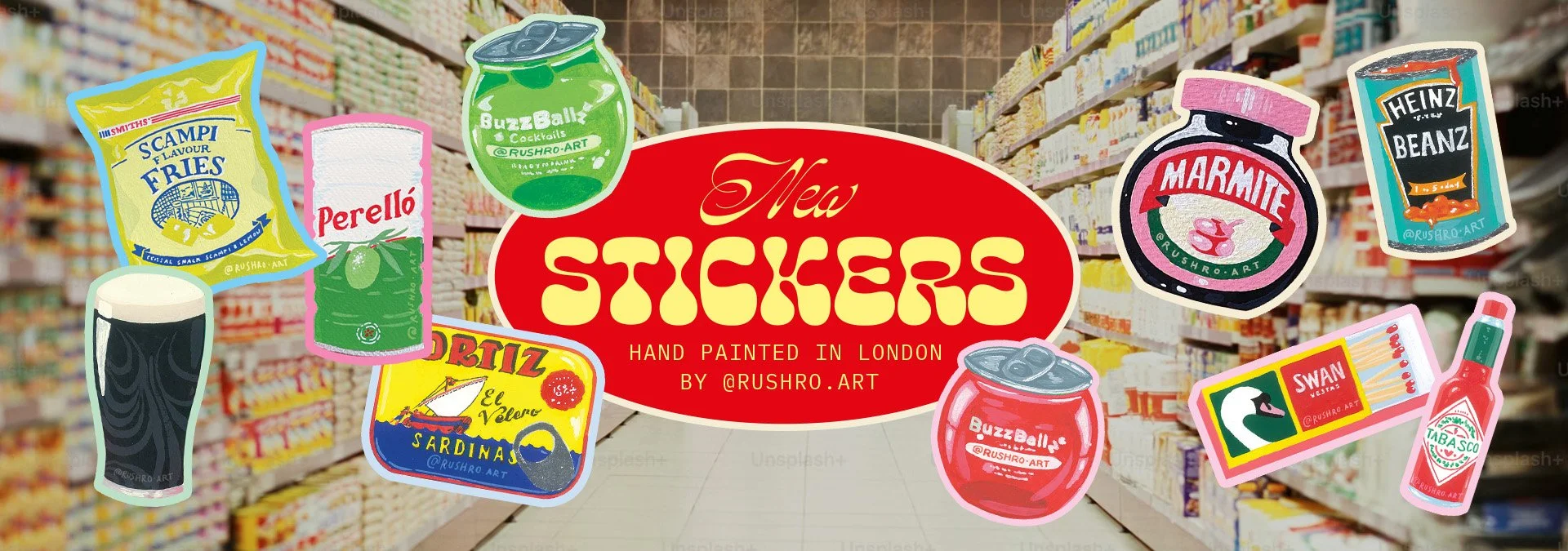 food stickers, buzzballz stickers, sardines, guinness, heinz beans
