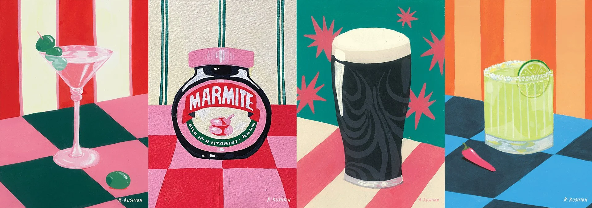 colourful paintings of cocktails and marmite on highly patterned backgrounds, spicy margarita, martini with olives print, pink and green art, 