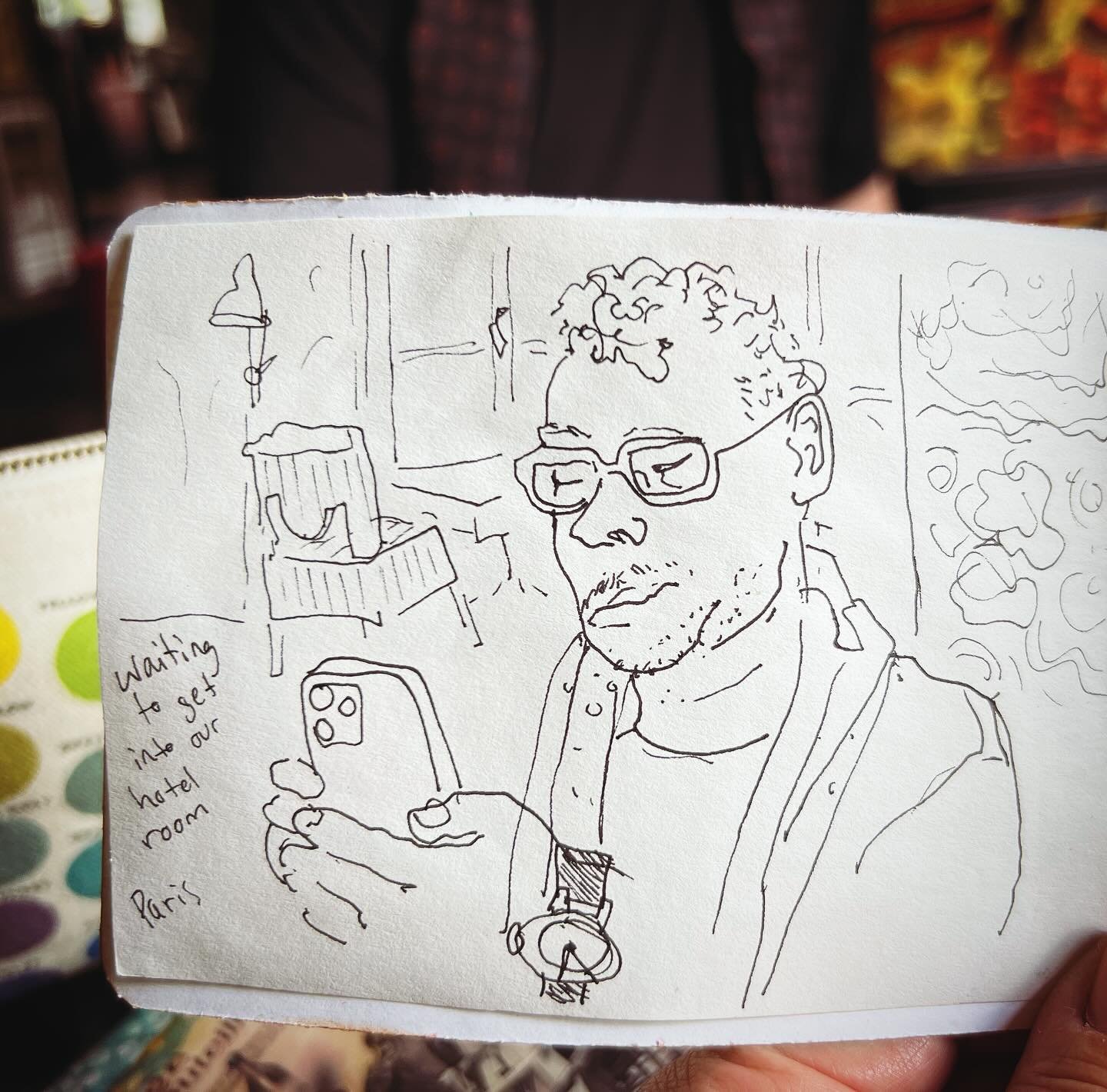 Jason waiting for the hotel room in Paris. #traveljournal #artjournal #iloveparis #jetlagisreal