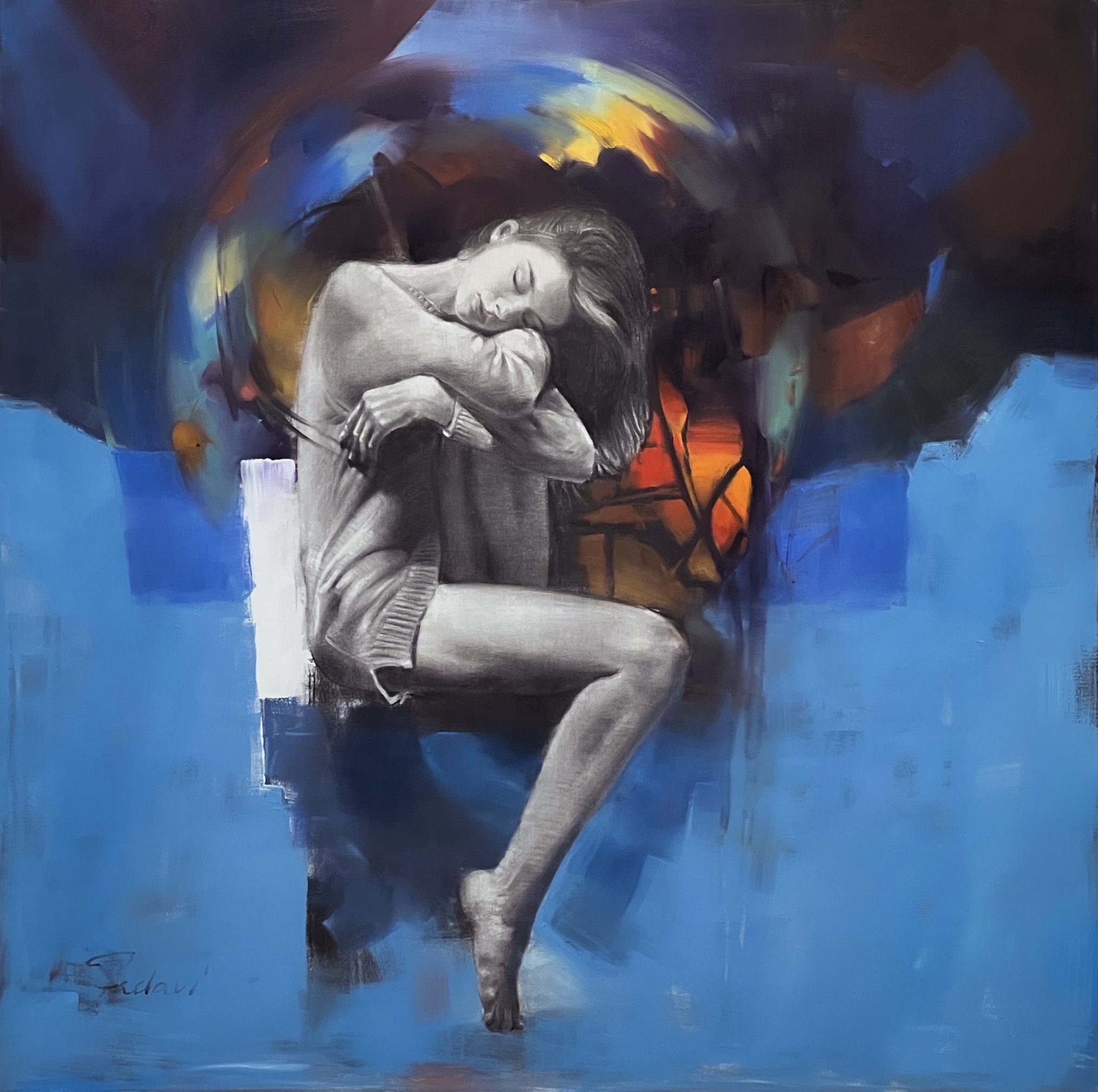 Suspended in Blue- Oil/charcoal- 48×48 in