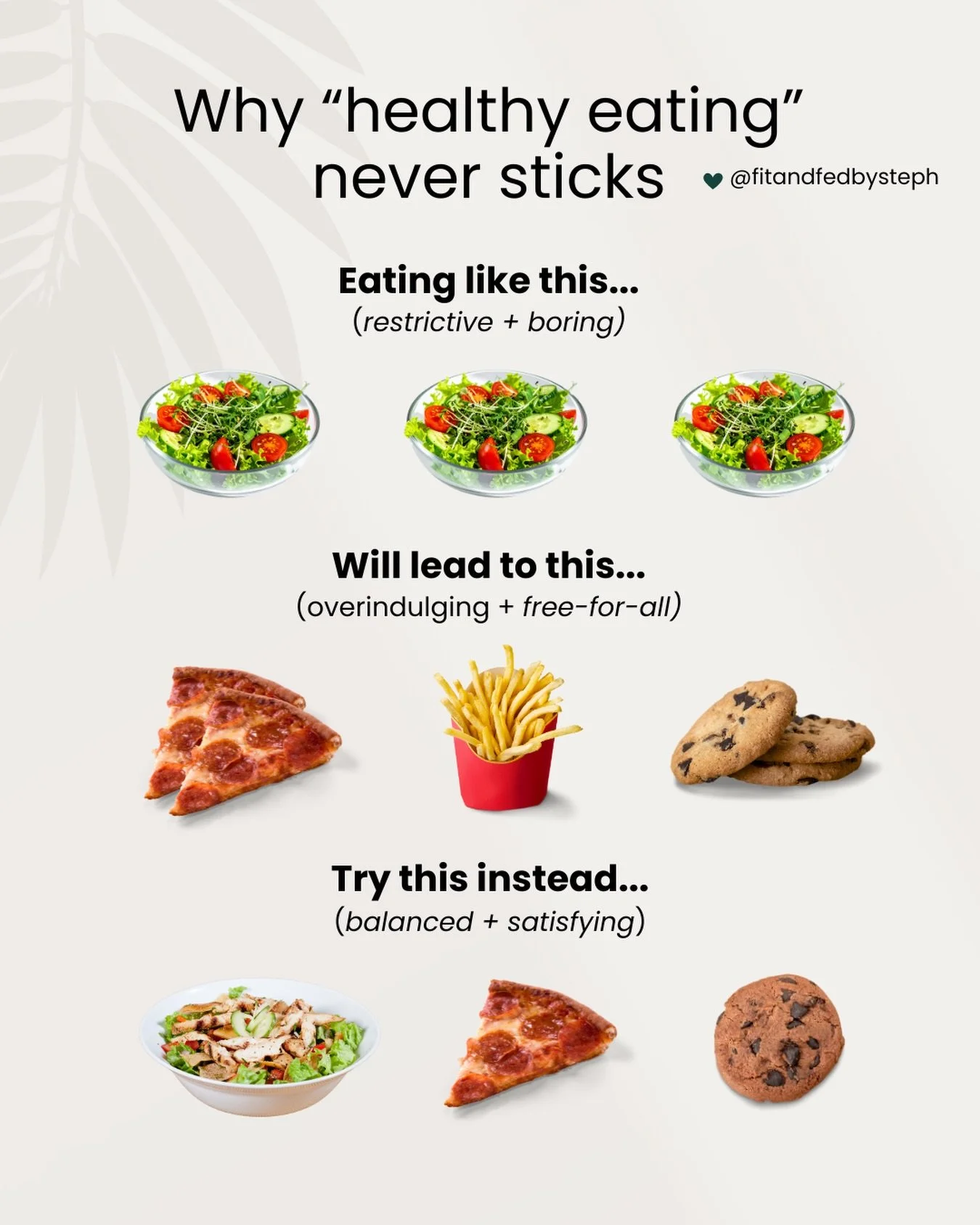 If you&rsquo;ve ever tried to eat &ldquo;healthy&rdquo; and couldn&rsquo;t stick to it, it&rsquo;s not your fault 💛

Most people know what to eat. The problem isn&rsquo;t knowledge, it&rsquo;s the approach.

When you eat nothing but salads and plain