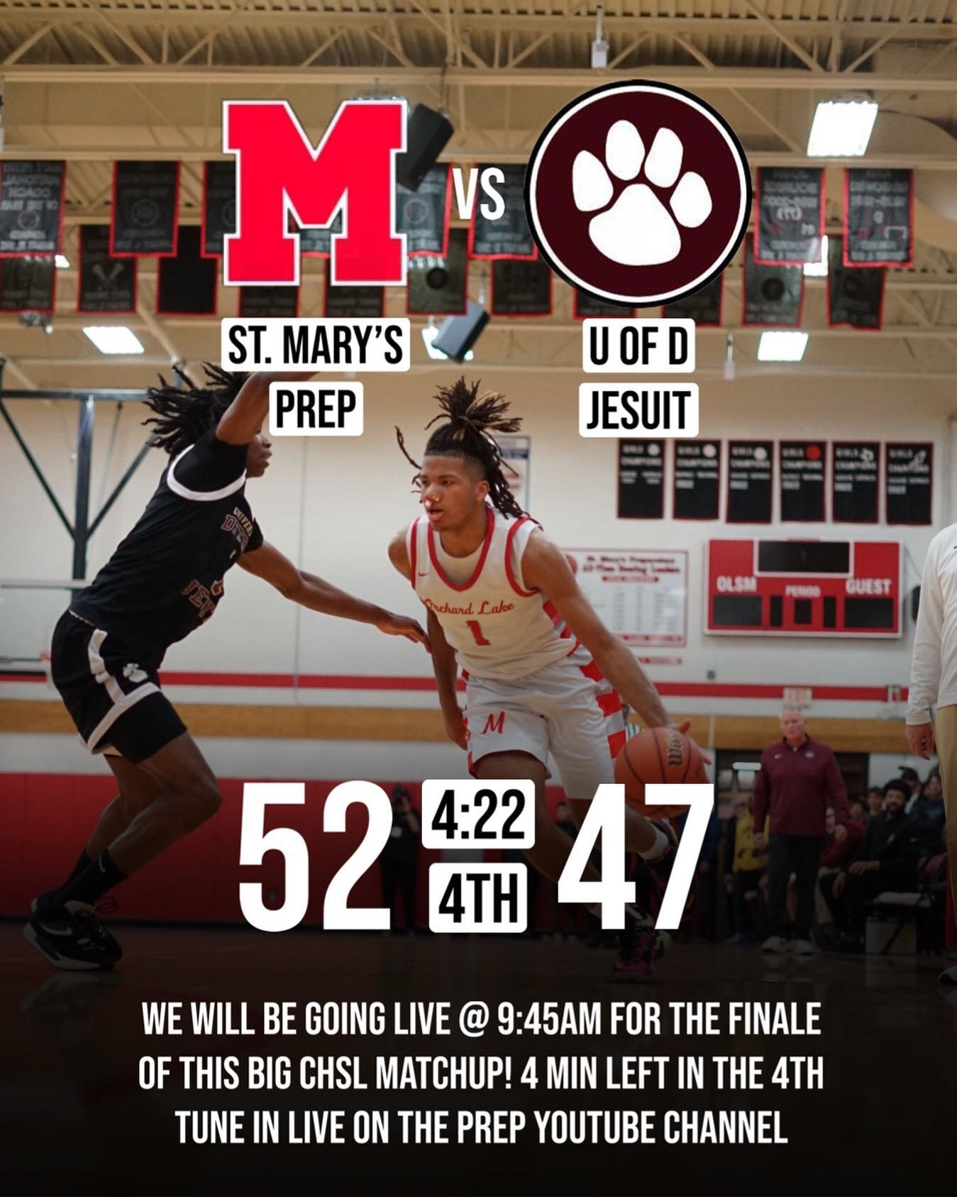 We are live in 10 minutes ‼️

St. Mary&rsquo;s Prep vs. U of D Jesuit was postponed yesterday due to floor problems, we will pick up the broadcast today @ 9:45am ‼️

#FullCourtPreP #ElevateTheGame #hsbasketball #hshoops