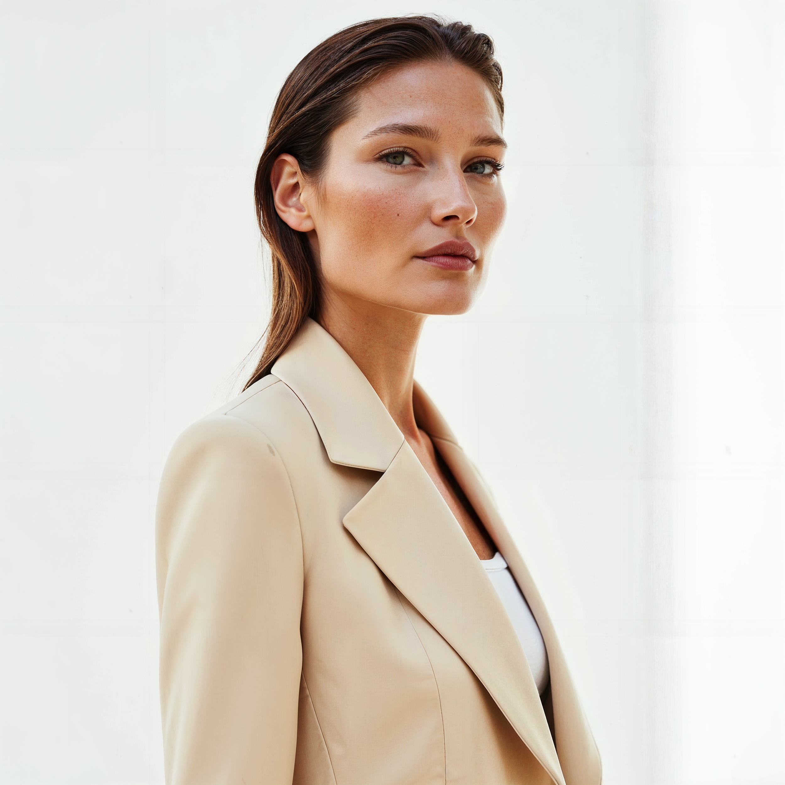 Young woman with brown hair and blue eyes, wearing a beige blazer, looking confident and serious against a white background.