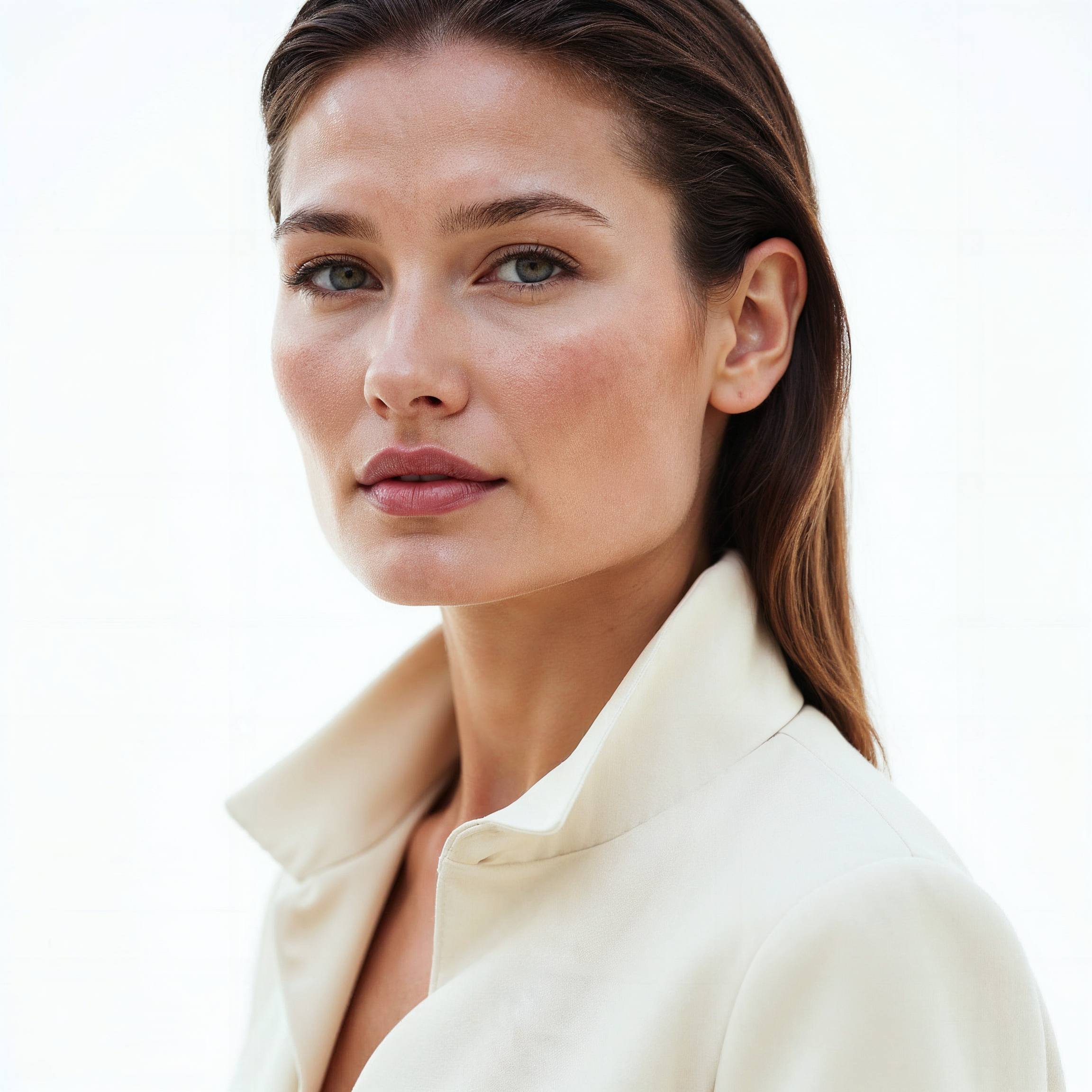A portrait of a woman with fair skin, brown hair, wearing a white jacket, looking into the lens.