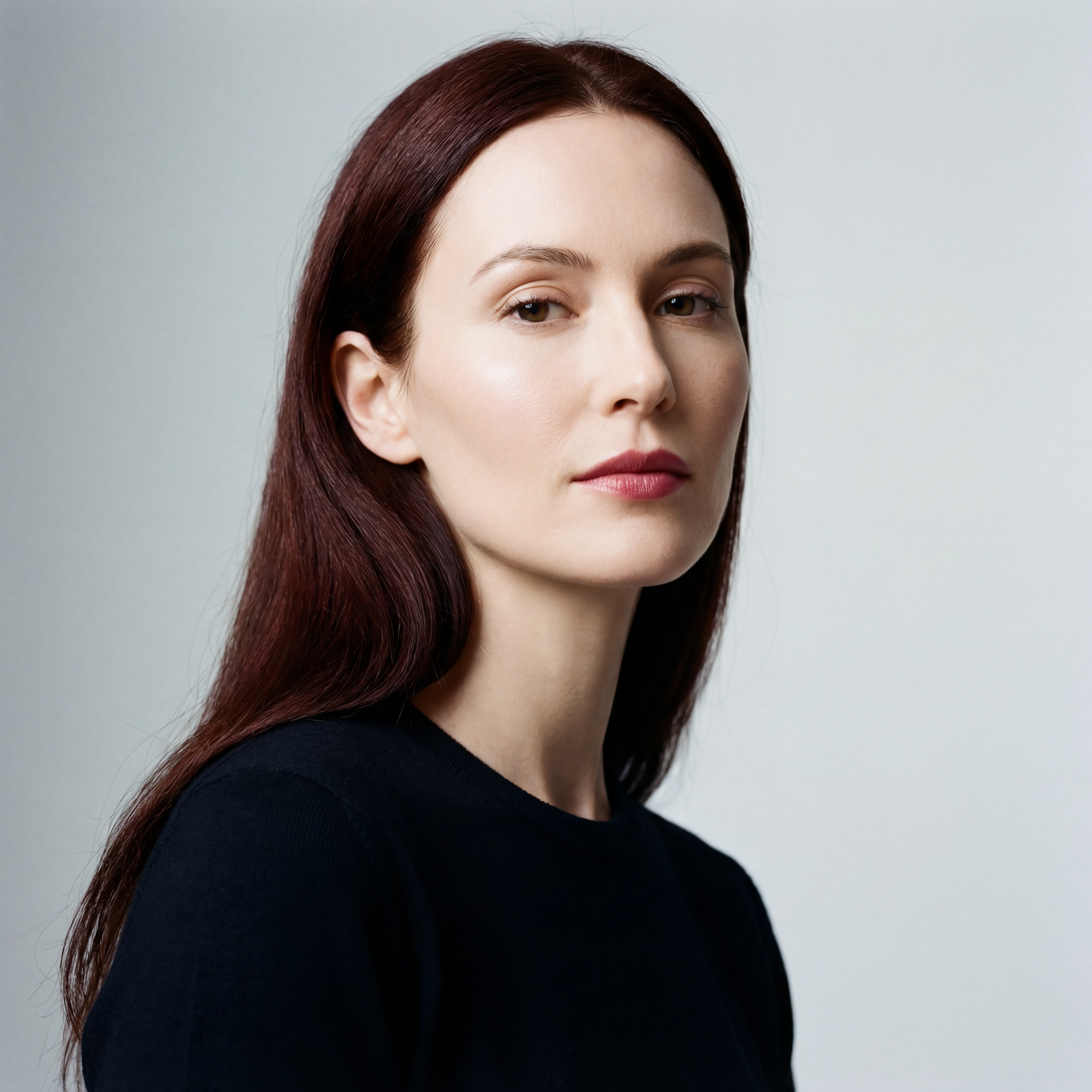 Portrait de femme avec cheveux bruns, vêtue d'un haut noir, regardant vers la caméra avec un fond neutre.