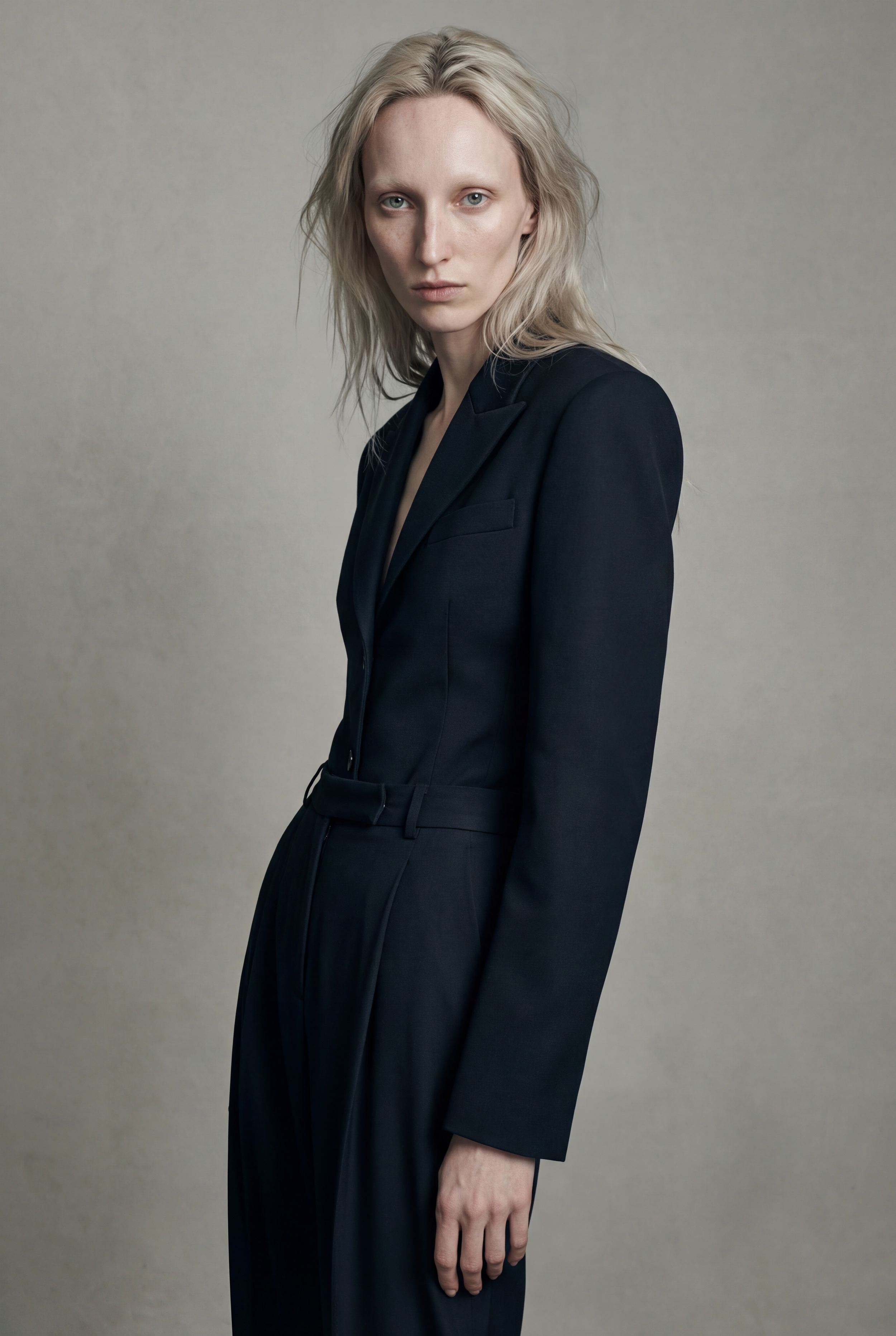 Femme avec blonde cheveux, portant un tailleur noir, regarde sérieusement l'objectif, fond neutre.