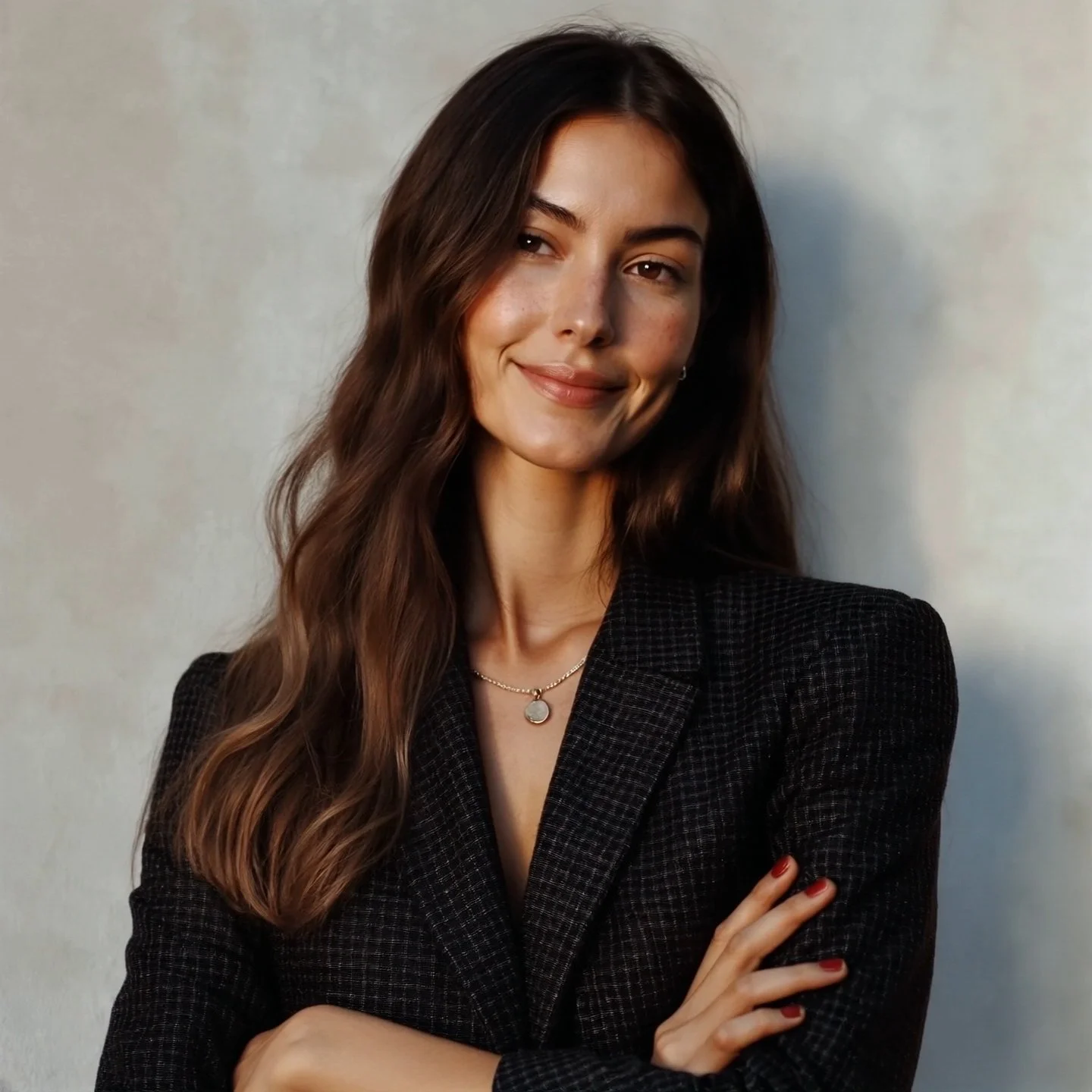 Jeune femme souriante avec des cheveux longs et ondulés, portant un blazer noir et une chaîne avec un pendentif, croisant ses bras
