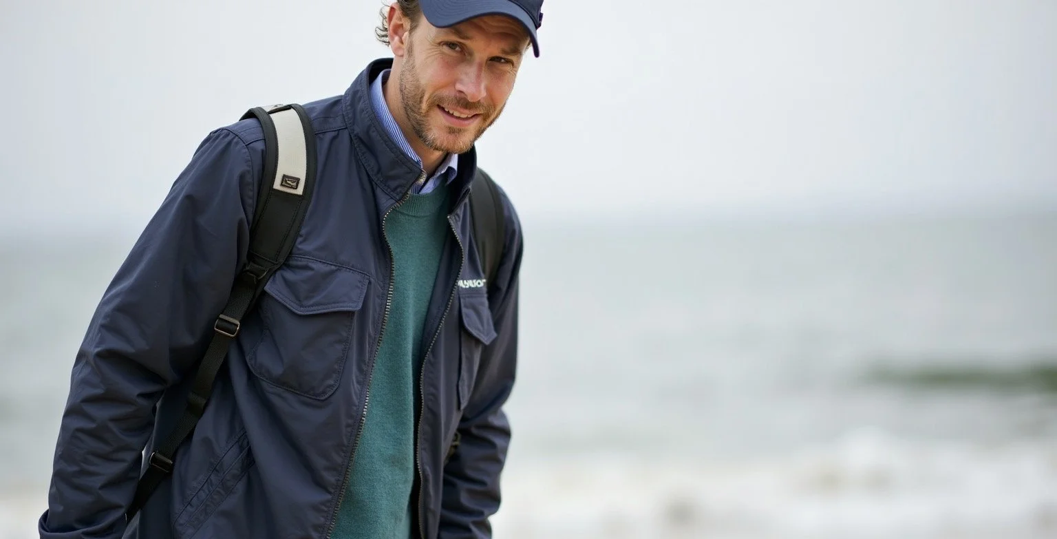 Homme souriant avec un sac à dos, portant une veste bleue, se tenant près de la mer par une journée venteuse.