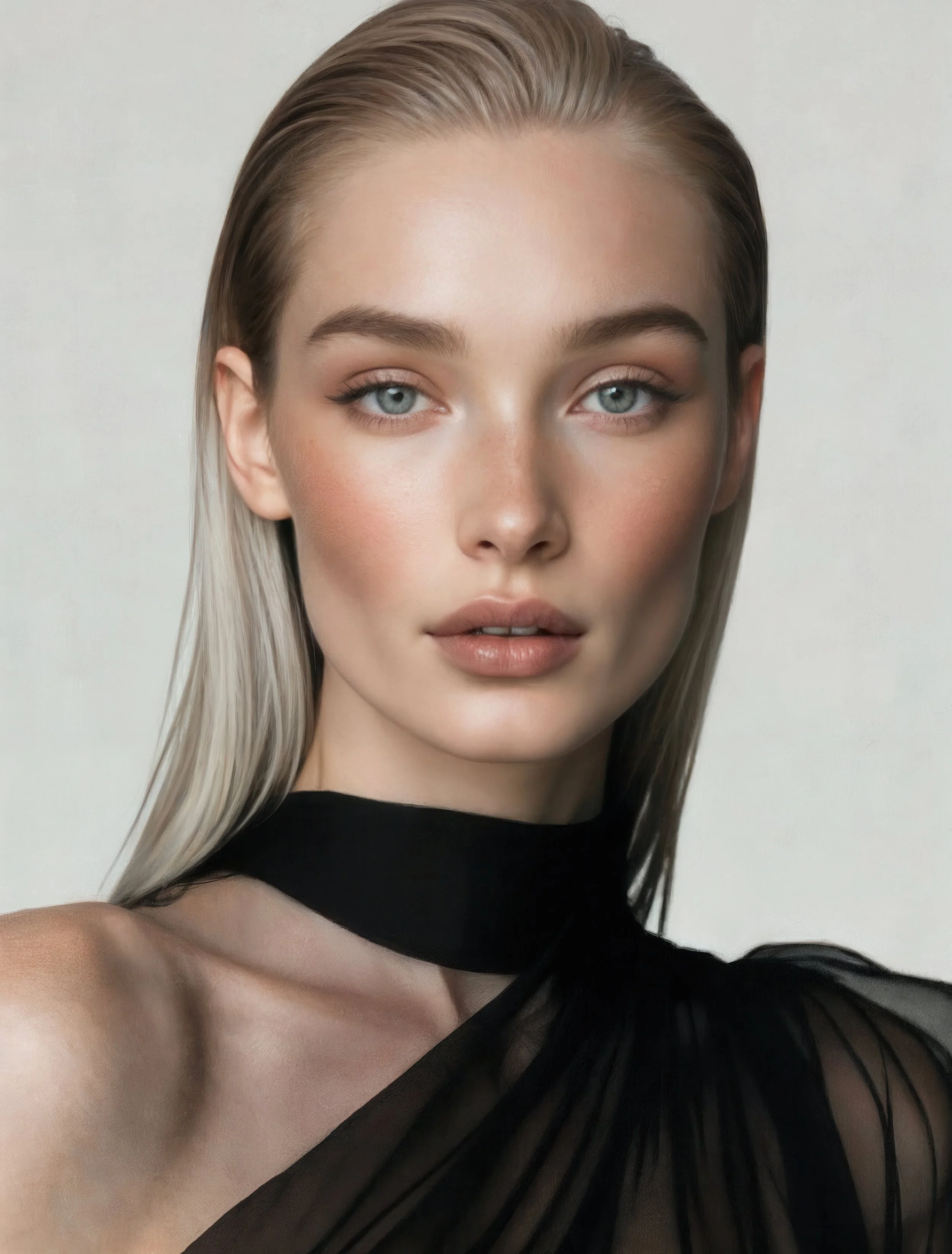 Portrait d'une femme avec des cheveux blonds, yeux bleus, maquillage naturel, portant une robe noire en tulle.