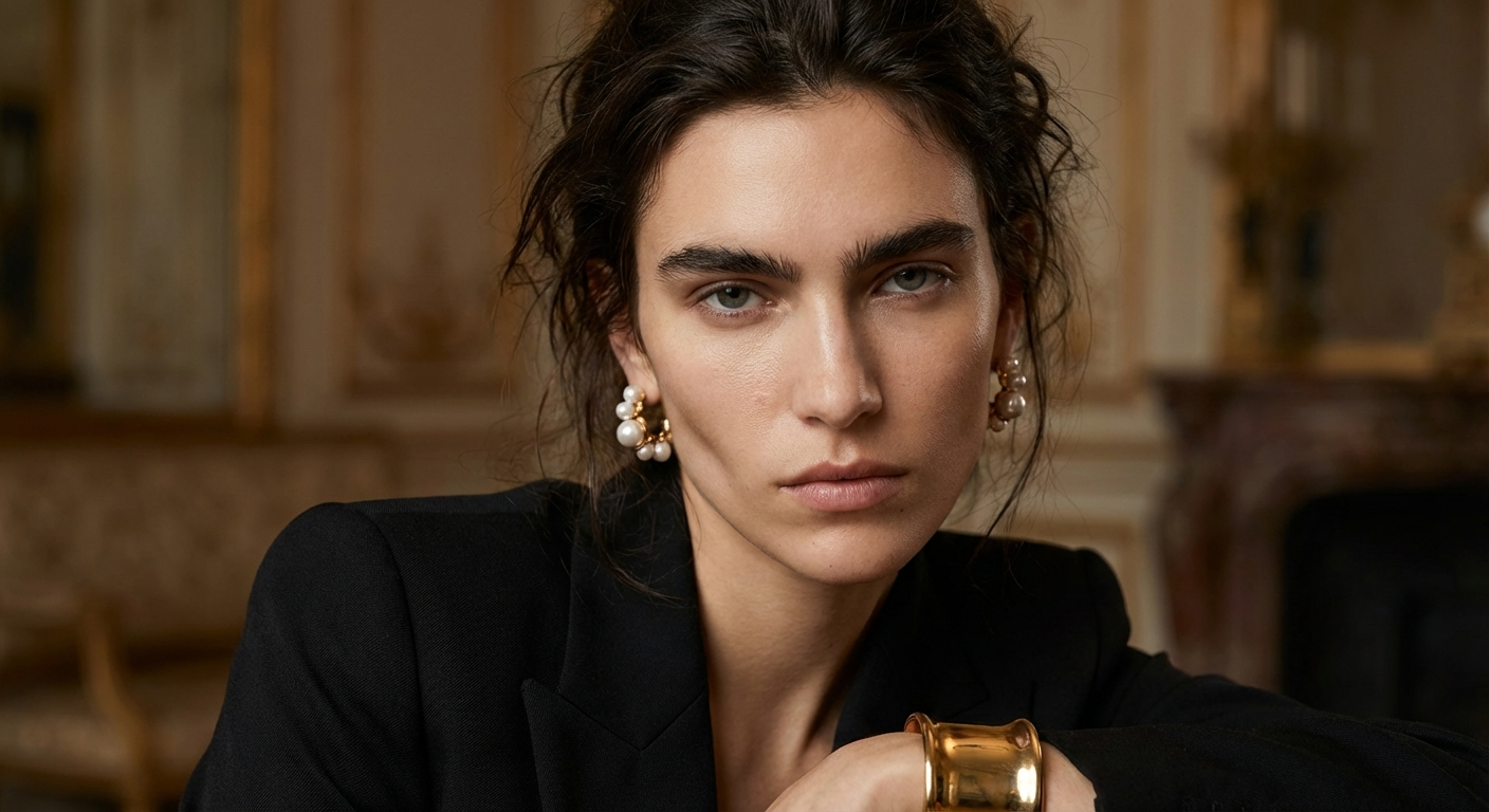Une femme portant un blazer noir, souvent portant des boucles d'oreilles perles et une montre en or, posant dans un intérieur élégant.