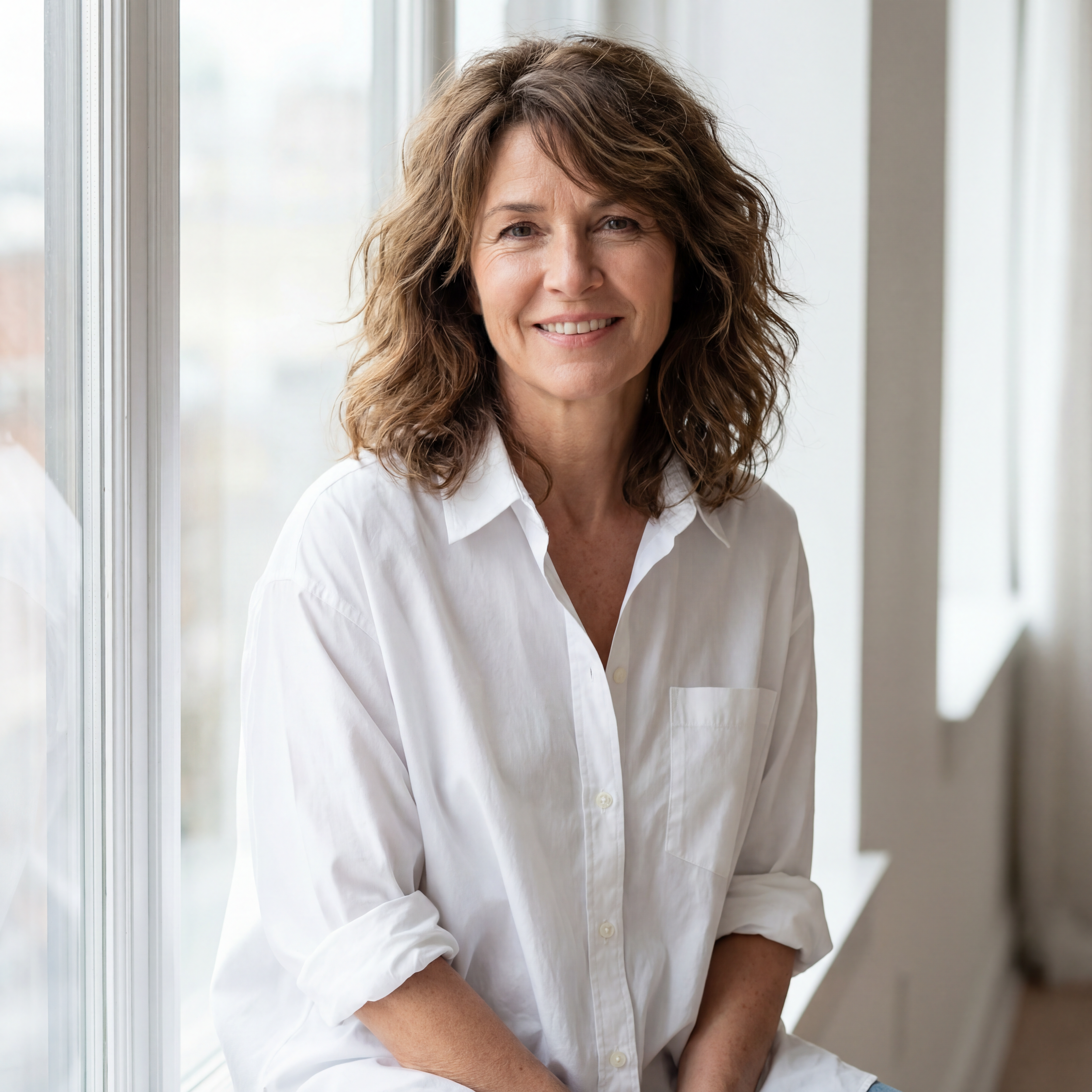 Femme souriante avec cheveux ondulés bruns, portant une chemise blanche, assise près d'une fenêtre dans une pièce lumineuse.