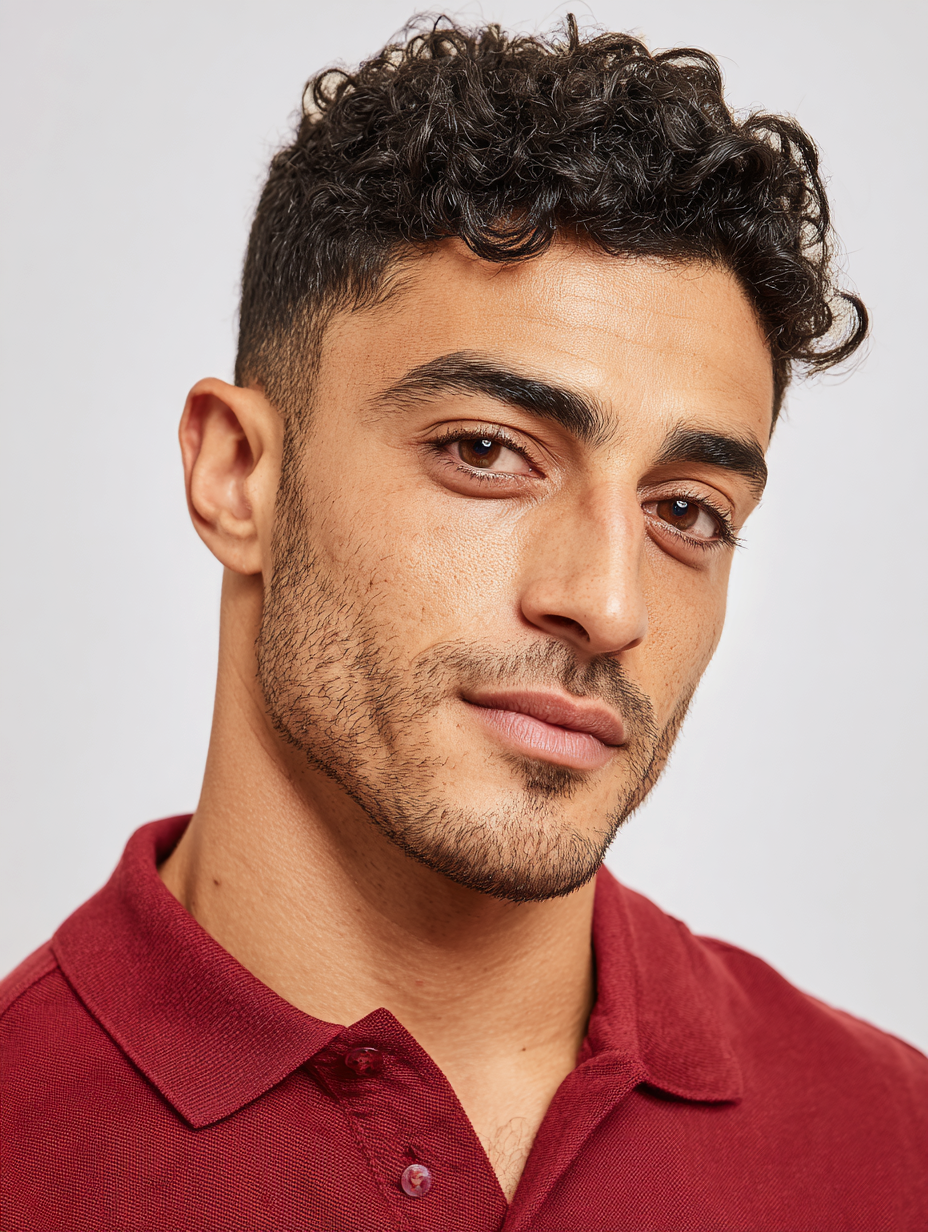 Portrait d'un jeune homme avec des cheveux bouclés courts, portant une chemise rouge, regardant vers l'objectif dans un fond neutre. Mannequin Virtuel IA par Artcare