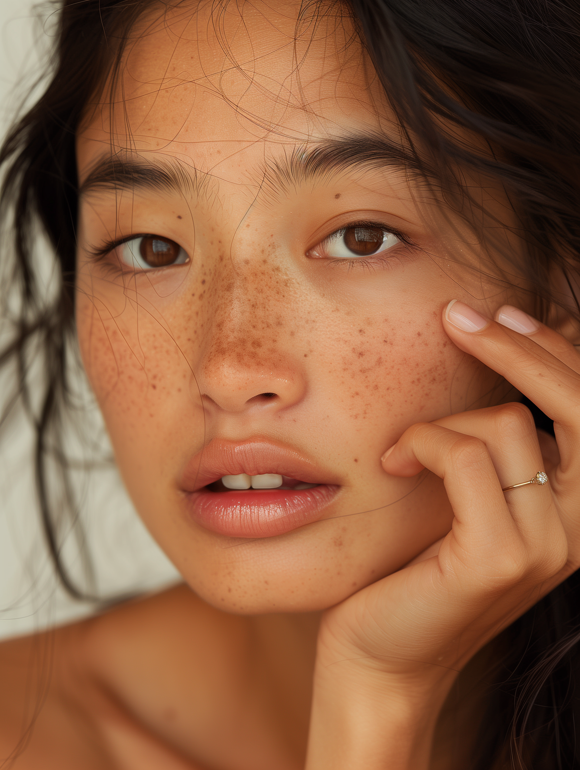 Close-up d'une jeune femme avec des taches de rousseur, lèvres légèrement ouvertes, touchant sa joue avec sa main droite, portant une bague avec un diamant.