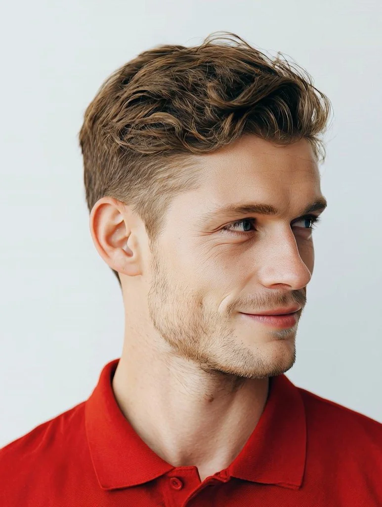 Jeune homme souriant, porteur d'une chemise rouge, regardant vers la droite, cheveux bruns, habillé simplement avec un fond neutre. Mannequin Virtuel IA par Artcare