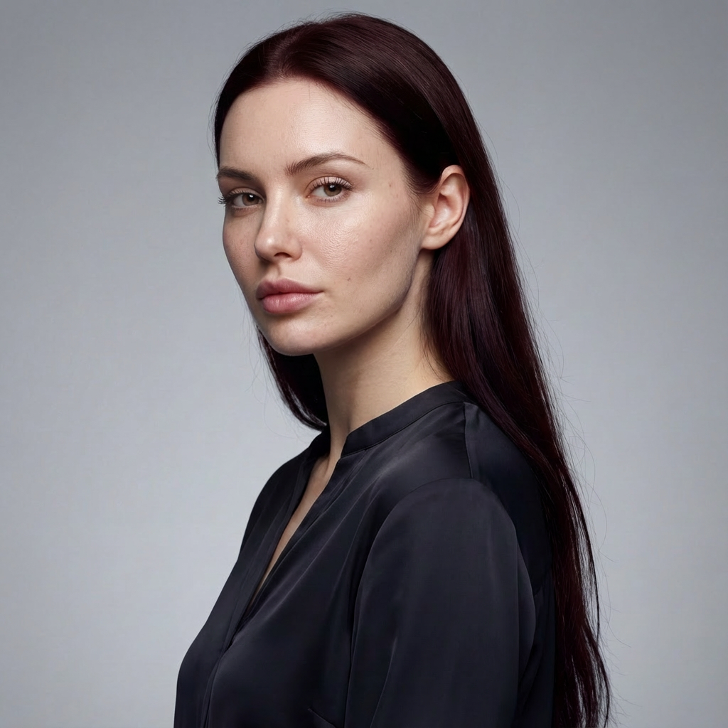 Portrait d'une femme aux cheveux longs et foncés, portant une robe ou un vêtement en satin noir, contre un fond gris clair.