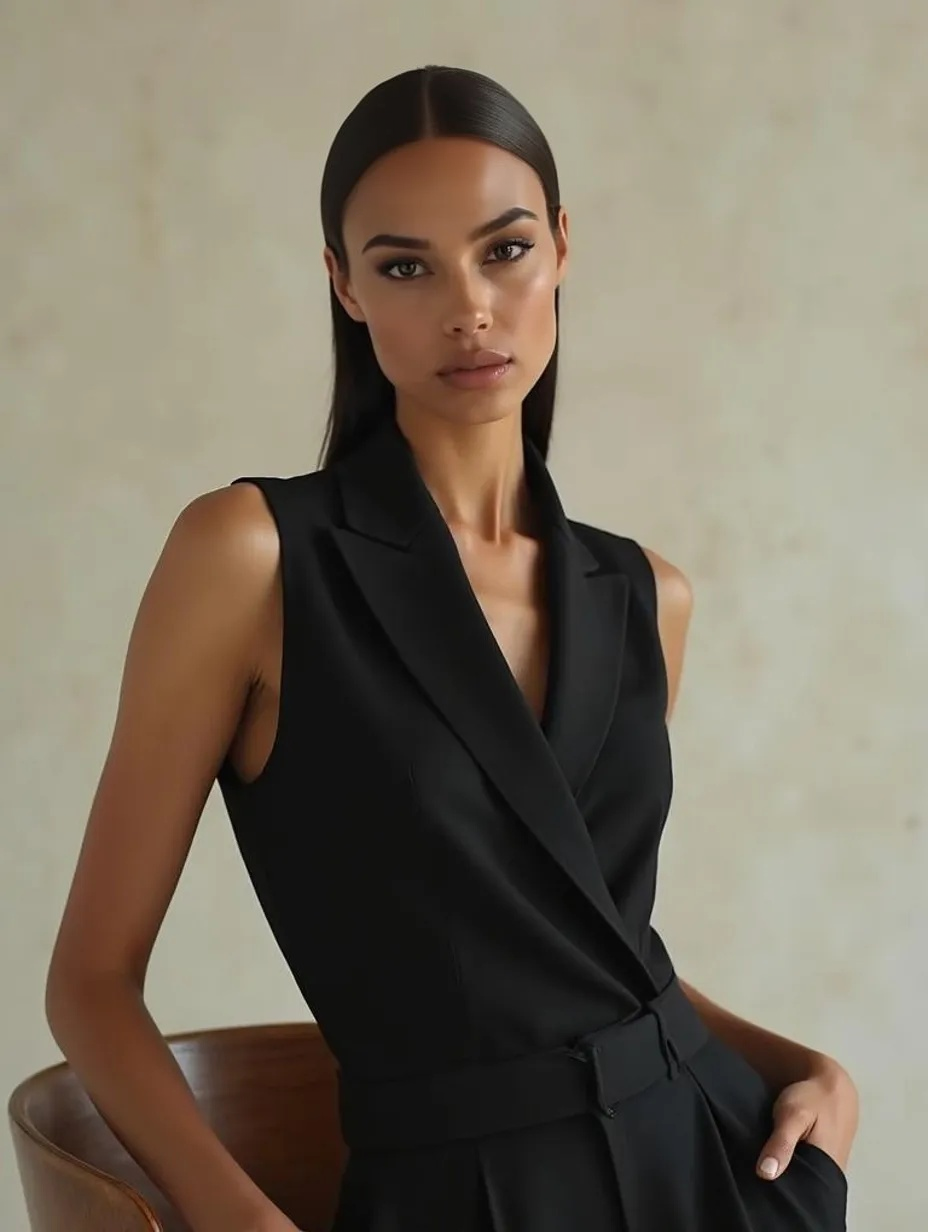 Une femme jeune avec des cheveux noirs, portant un costume noir, posant contre un fond neutre.
