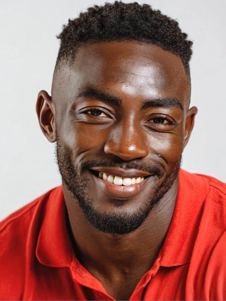 Portrait d'un homme souriant avec une barbe épaisse, portant un t-shirt rouge, sur fond blanc. Mannequin Virtuel IA par Artcare
