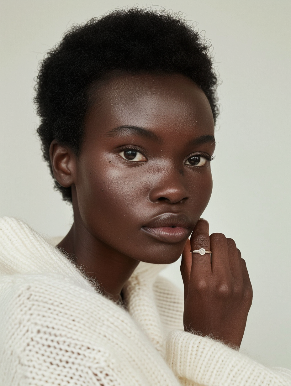Portrait d'une femme noire portant un pull blanc, portant une bague avec une pierre sur le doigt, regardant l'objectif.