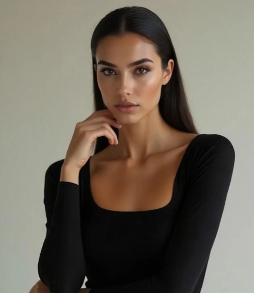 Une femme avec des cheveux longs et noirs, portant un haut noir, pose avec sa main près du visage contre un fond neutre. Mannequin Virtuel IA par Artcare