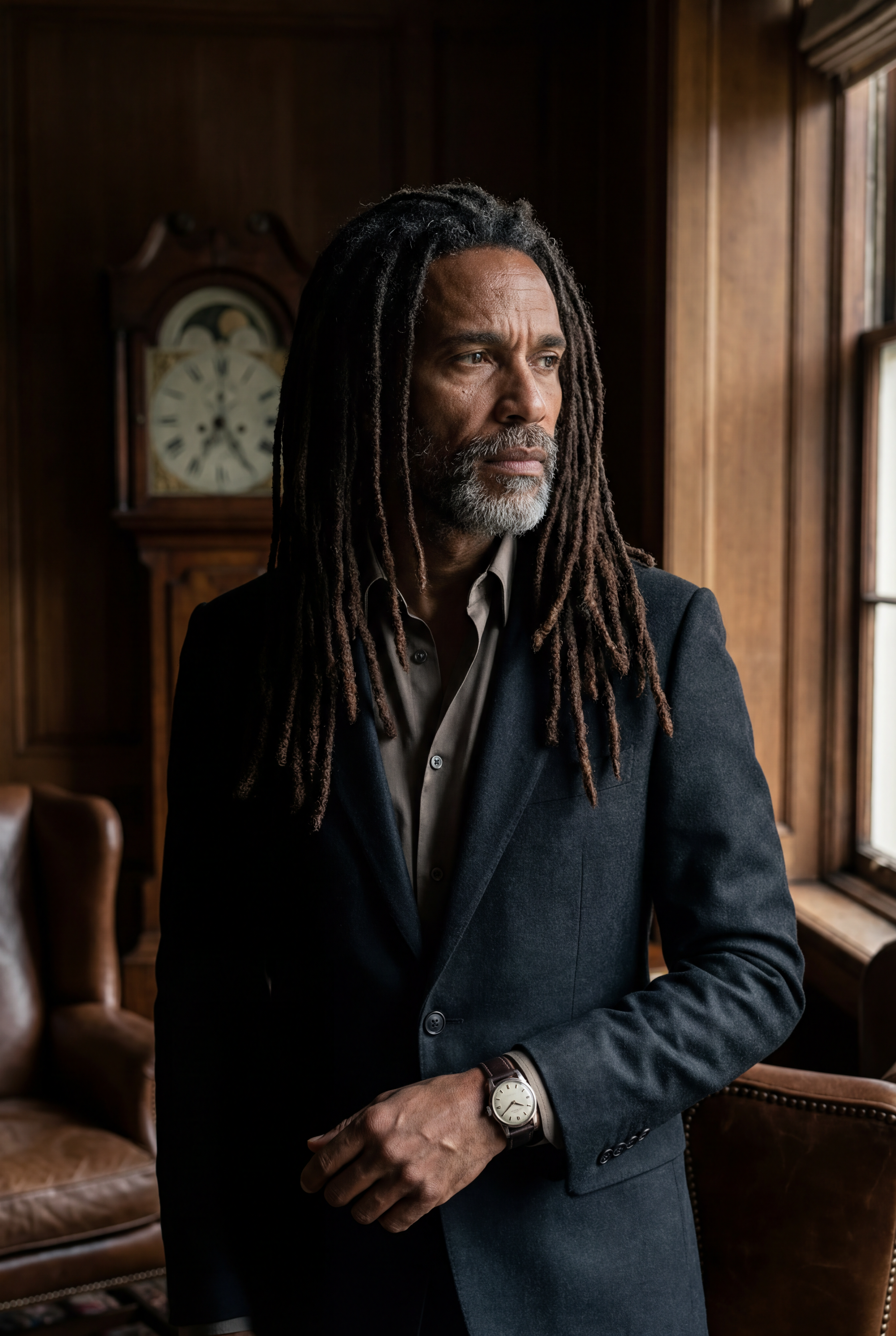 Un homme aux dreadlocks portant une veste sombre et une montre, regardant par la fenêtre dans une pièce en bois avec une horloge murale en arrière-plan.