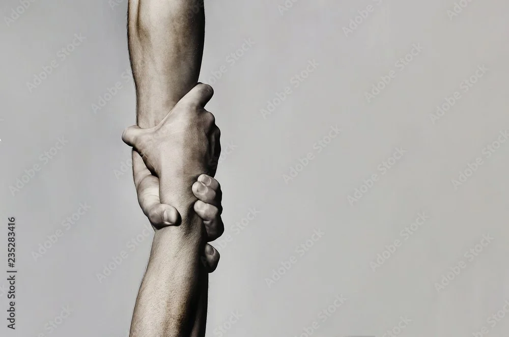 Two hands gripping each other's wrists in a firm handshake.