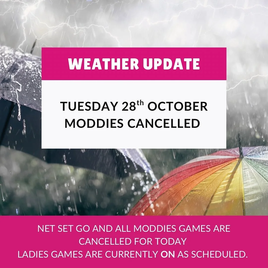 βοΈModdies is cancelled for today - Tuesday 28th October 2025 due to wet weather. π§οΈ Ladies Games are currently still going ahead but we are keeping an eye on the weather and will update on socials and netball connect. π€π»