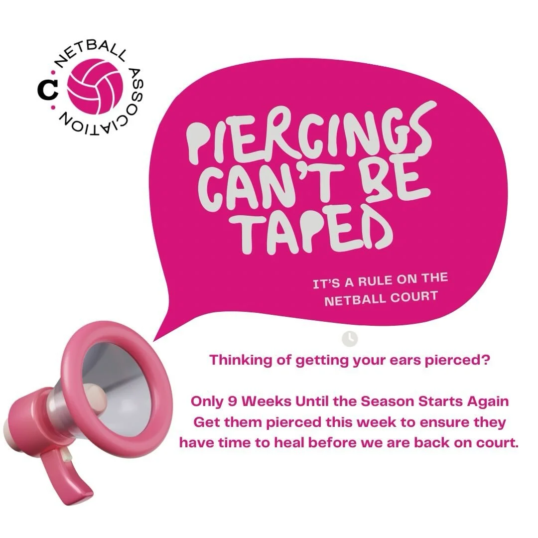 Thinking of getting your ears pierced? Remember we have a strict no piercings policy 🙅&zwj;♀️ meaning no player can take the court with piercings on 🚫 No taping - No exceptions.
With only 9 weeks before our Netball Season begins 🥳, we suggest you 