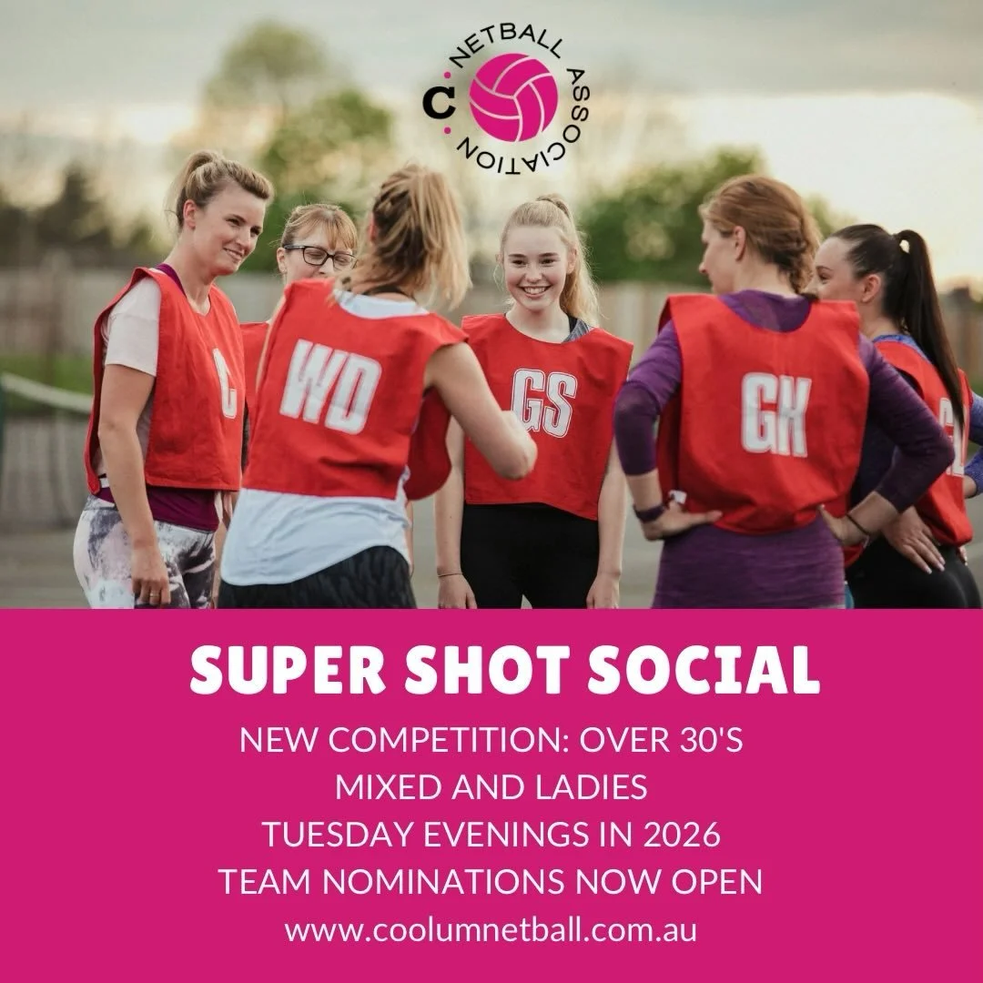 NEW COMP @ COOLUM NETBALL FOR 2026 🥳

Super Shot Social 

🏐For Players Over 30
👫Mixed &amp; Ladies
📆Tuesday Evenings for 12 Weeks 
☄️Super Shot Points

Full details available on our website www.coolumnetbal.com.au

Registrations Now Open!