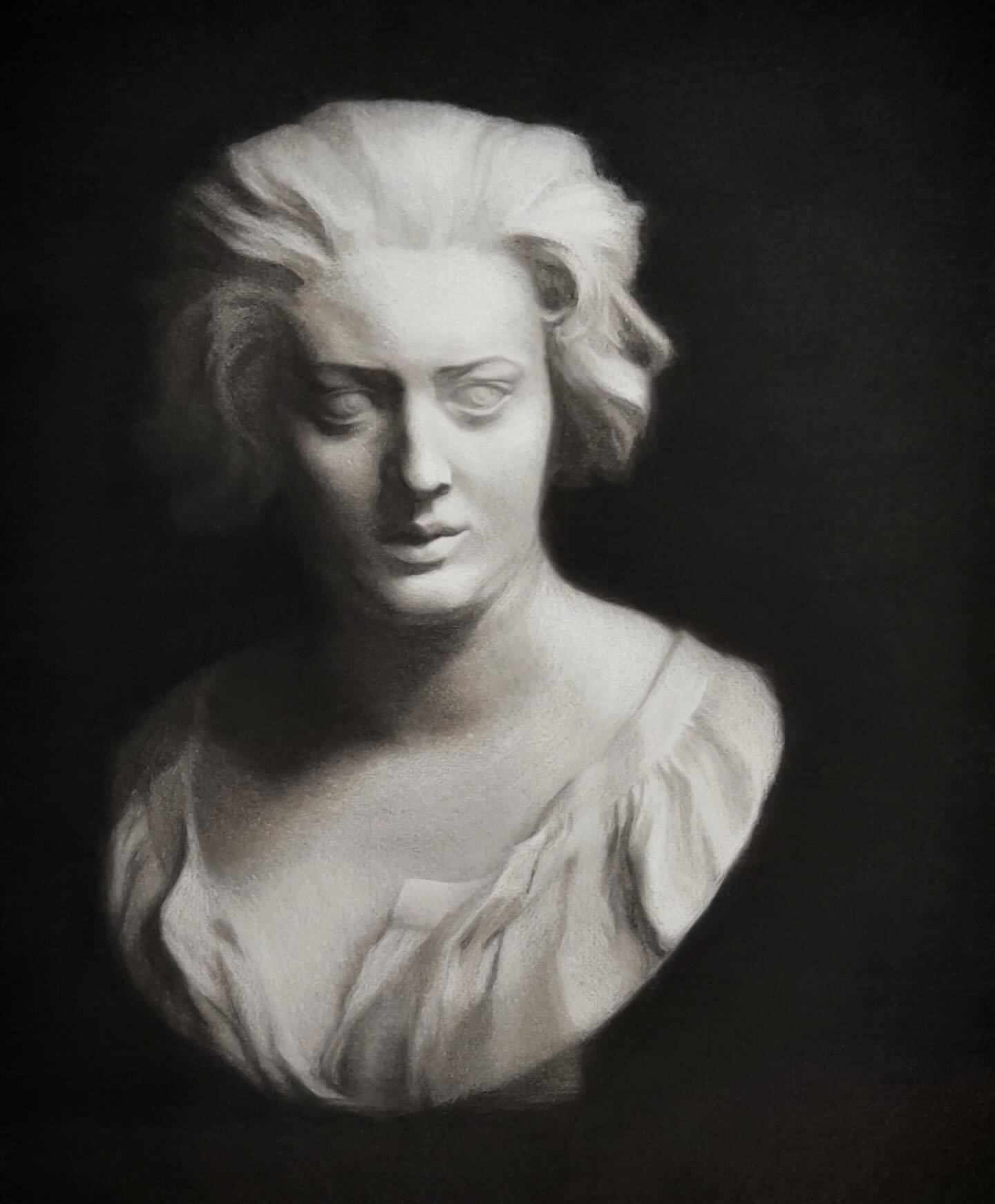 My chalk and charcoal drawing of Bernini's infamous bust of Constanza Bonerelli
