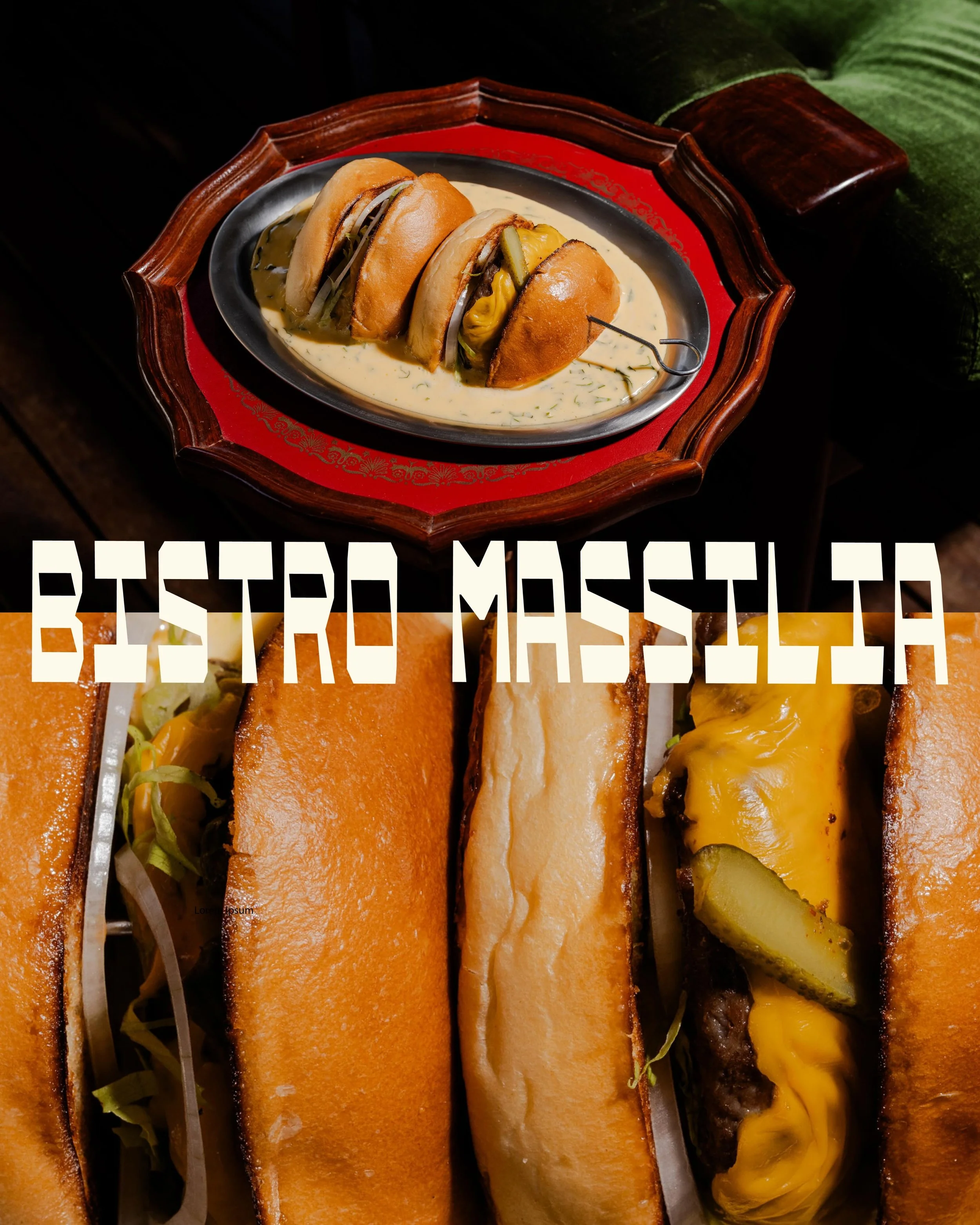 Branding for Bistro Massilia.

Youthful energy with an old soul. Trash flash photography and strong typography bring personality. No doodles. Bold and boisterous. Stripes and checks draw inspiration from European bistro awnings and tiles. Aperitif Or