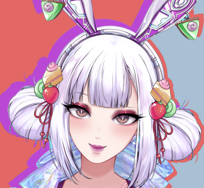 Anime-style character with white hair styled in two buns, wearing a headband with bunny ears and colorful desserts and strawberries decorations.