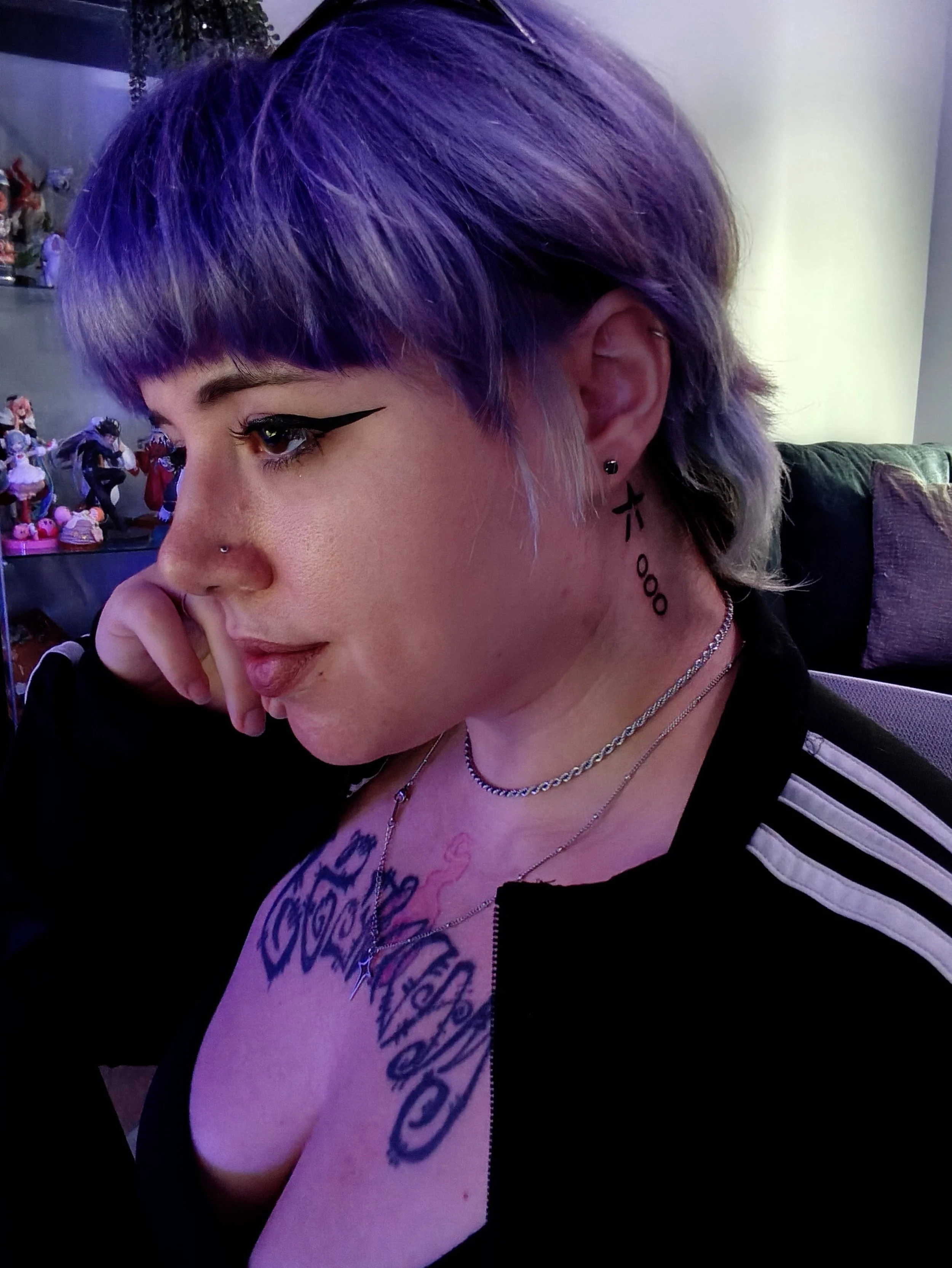 A woman with short, purple hair and makeup, wearing multiple necklaces and tattoos on her chest and neck, in a room with toys and cushions in the background.