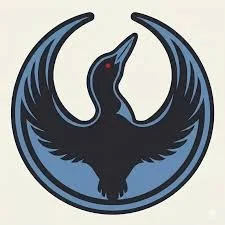 A stylized black and blue phoenix with red eyes, wings spread, within a circular border.