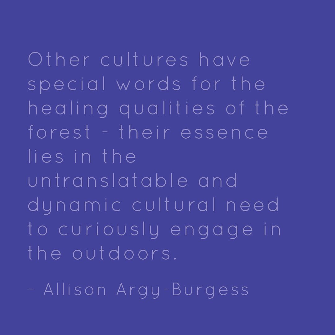 Other cultures have special words for the healing qualities of the forest - their essence lies in the untranslatable and dynamic cultural need to curiously engage in the outdoors. 

- Allison Argy-Burgess