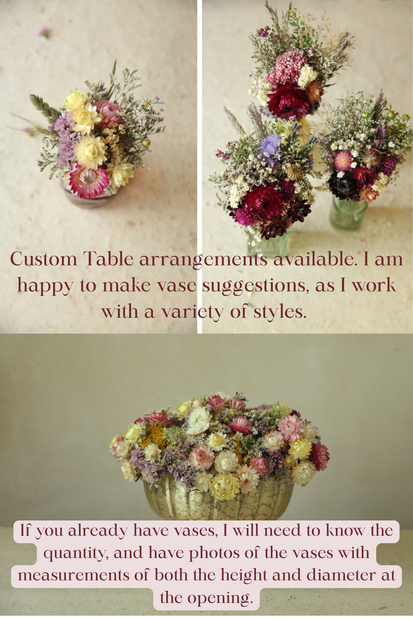 Petite & Petite Full Bouquets uitable for 6 to ” tall bud vases. 1.5-to 2.5 Diameter opening. Bouquets A thru D are Petite & Petite Full. Size marked in varioation box options..png