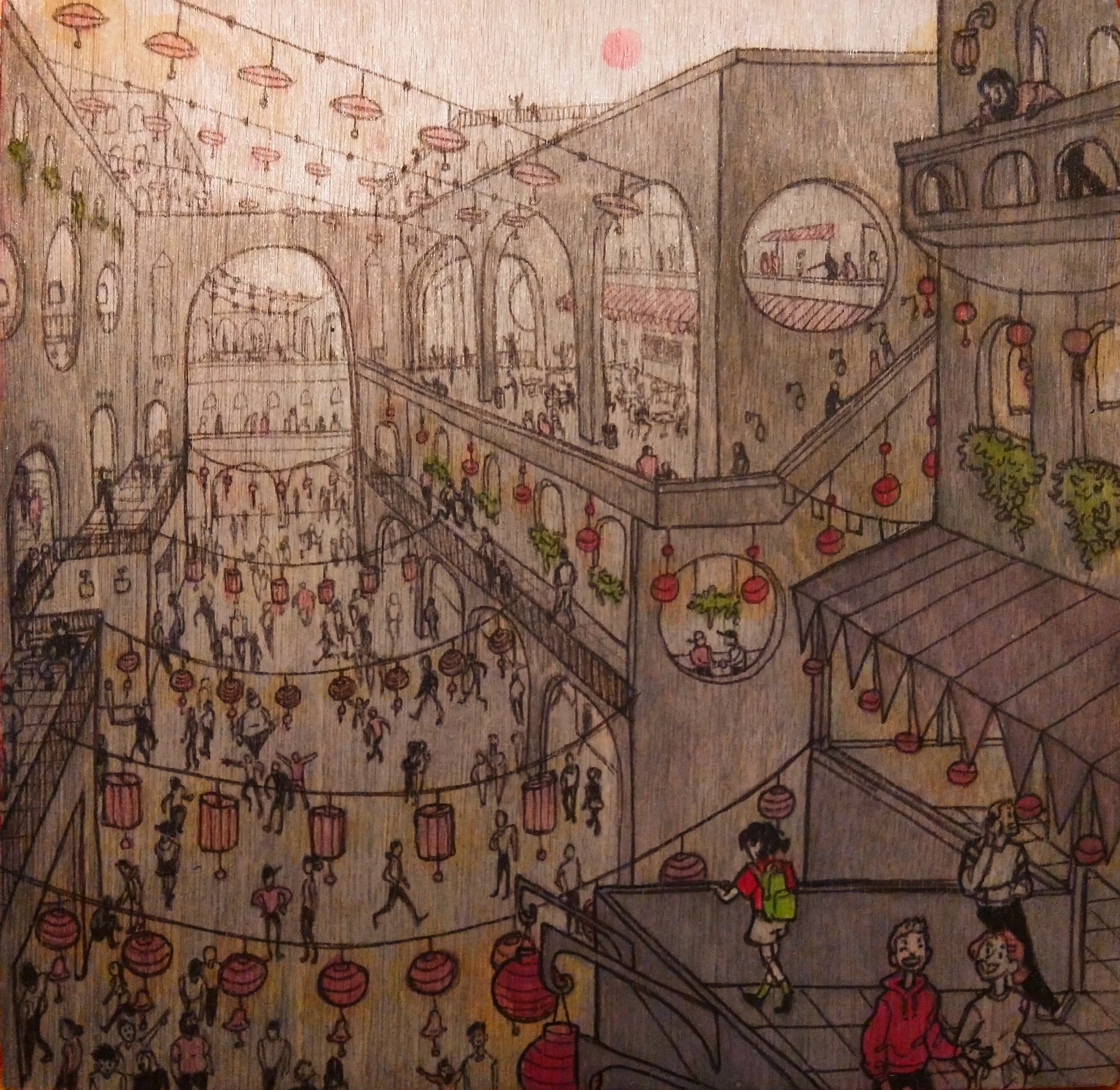 "Anthill" - Ink and watercolor on wood panel - 4" x 4"