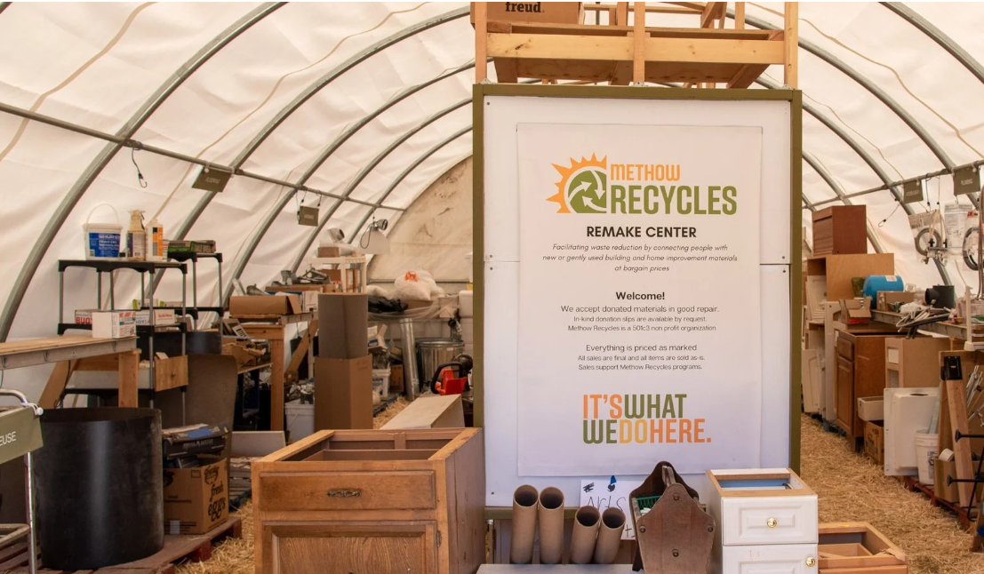 A Methow Recycles sign welcoming visitors to the REMAKE CENTER