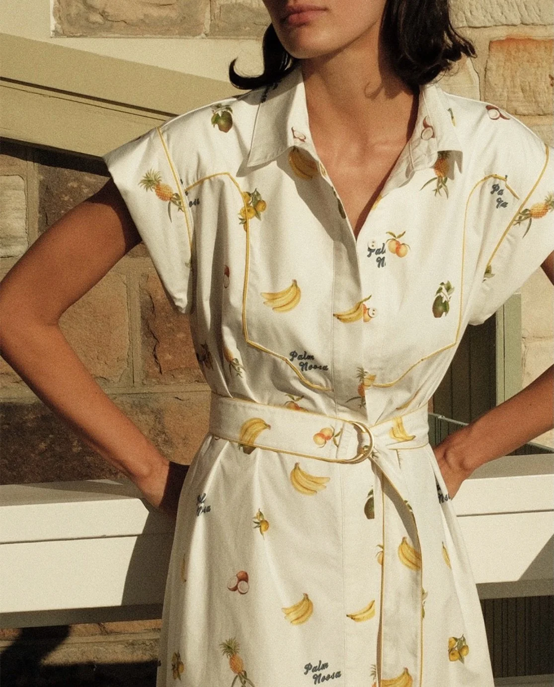 Gone bananas over the Siren Dress by @palm.noosa 💛🍌 

~ crafted from a premium Cotton Poplin in Palm&rsquo;s exclusive Lost Bay print. Featuring a structured point collar and adjustable D-ring belt, the Siren Dress offers a crisp silhouette, finish