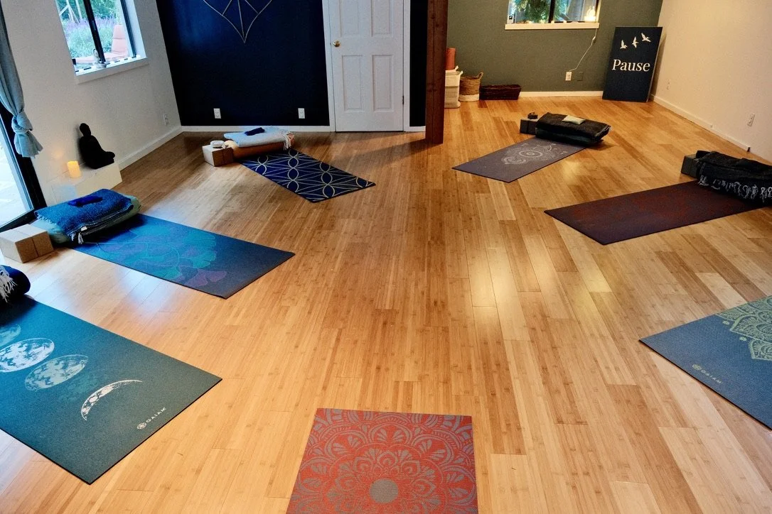 Yoga mats and cushions arranged on a wooden floor in a yoga studio with a window, a doorway, and wall art.