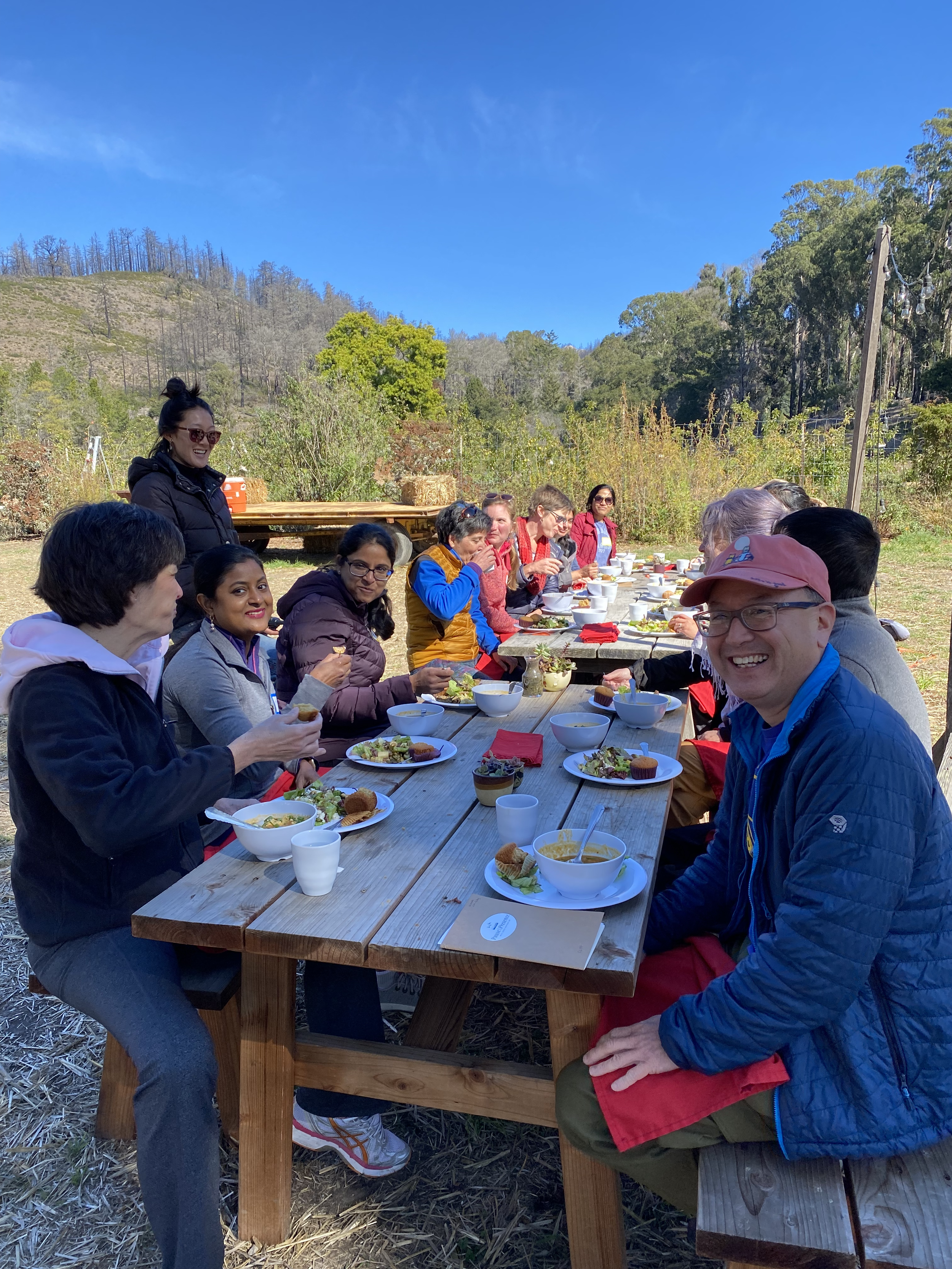 Group of people enjoying outdoor meal at a long wooden table in a scenic rural setting with mountains and trees under a clear blue sky.