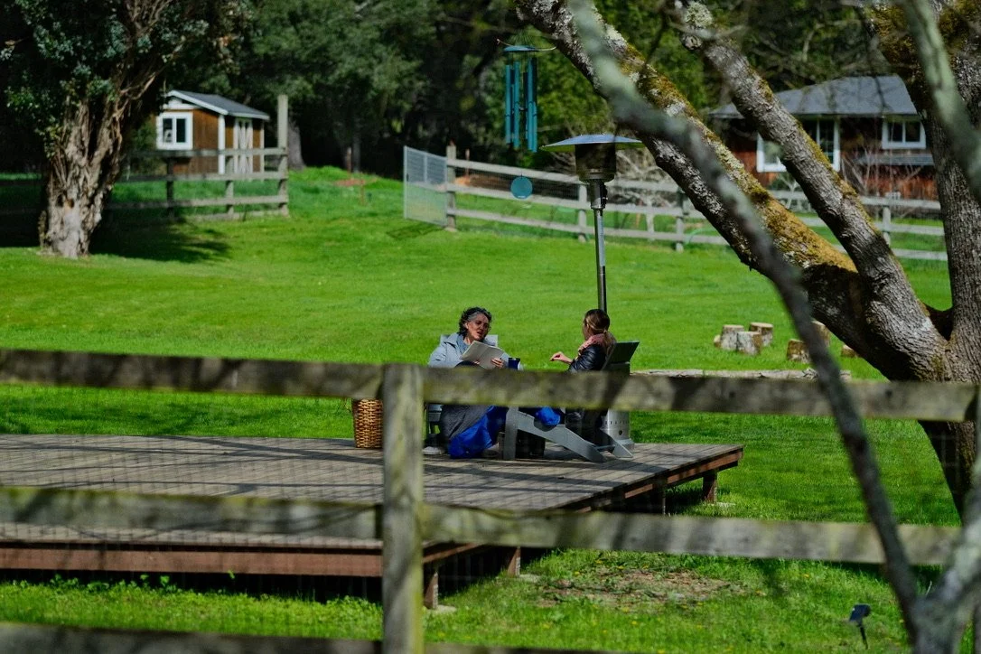 Two women sit on a wooden deck in a grassy yard, talking and looking at papers.