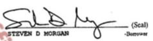 Signature of Steven D Morgan from 2008, on unverified mortgage documents posted by the Fake LTN Instagram Account, but which appear authentic.