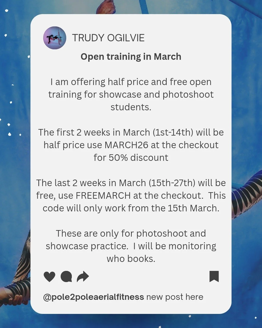Open training in March. Half price and free open training for showcase and photoshoot students.

The first 2 weeks in March (1st-14th) will be half price use MARCH26 at the checkout for 50% discount

The last 2 weeks in March (15th-27th) will be free