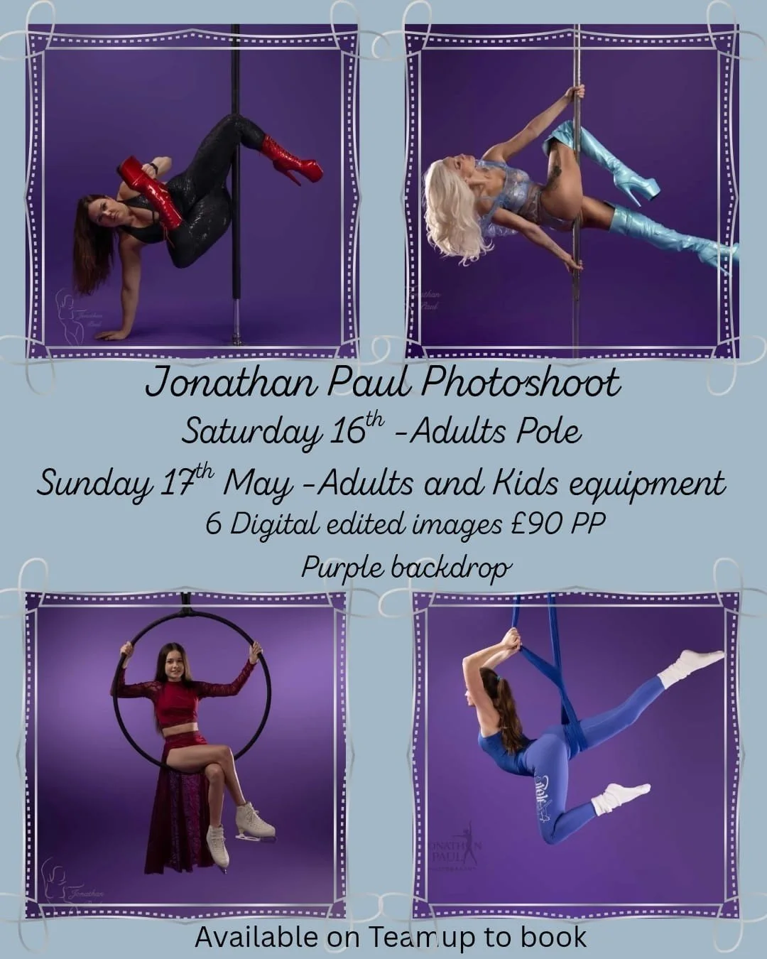📸Jonathan Paul purple background photoshoot.
📒Available to book now on Team up. 
👩&zwj;👧&zwj;👧Kids and adults.
📅 16th and 17th May 2026.